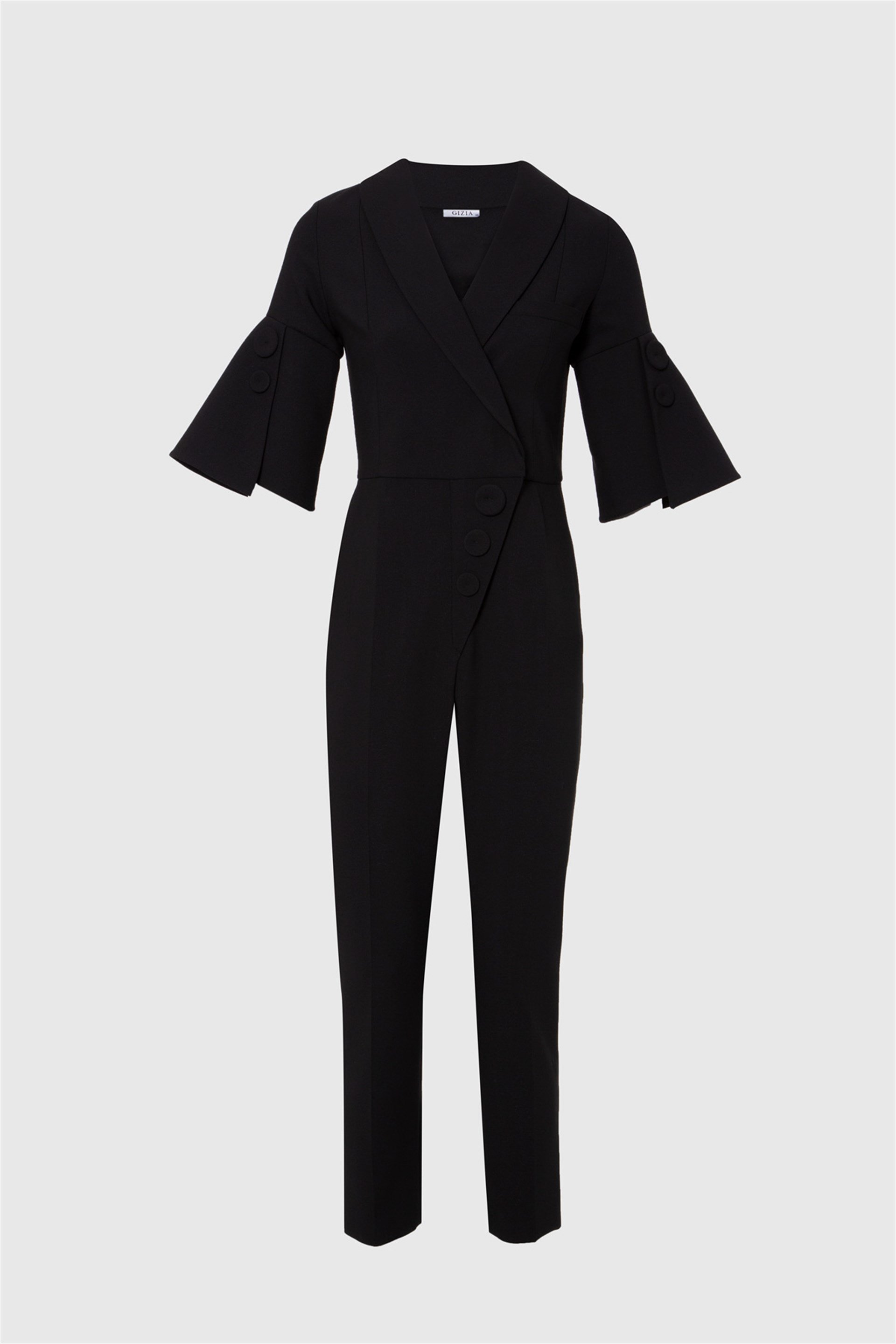 Buttoned Sleeve Detailed Carrot Ankle Length Black Jumpsuit