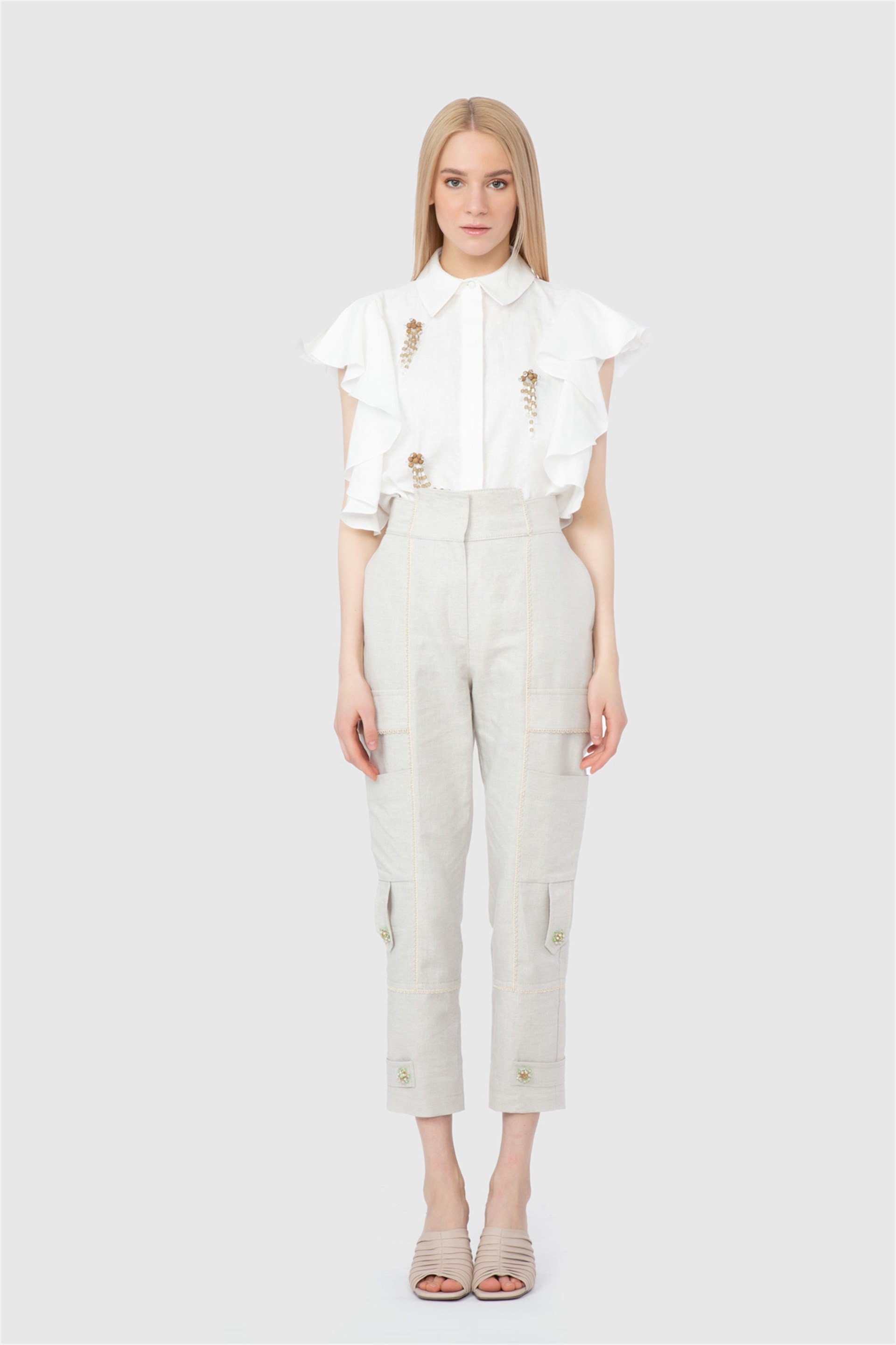 Düğmeli Paça Bej Pantolon