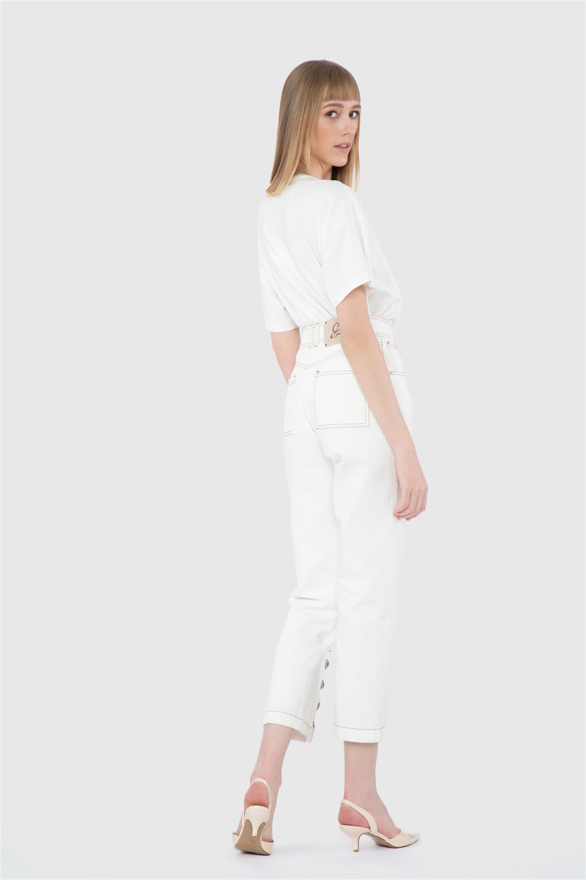 Buttoned Leg Ecru Trousers