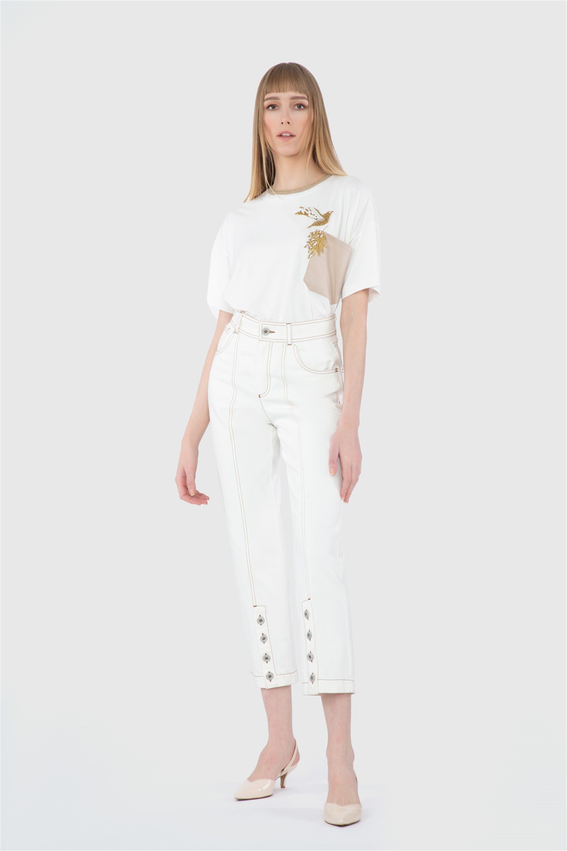 Buttoned Leg Ecru Trousers