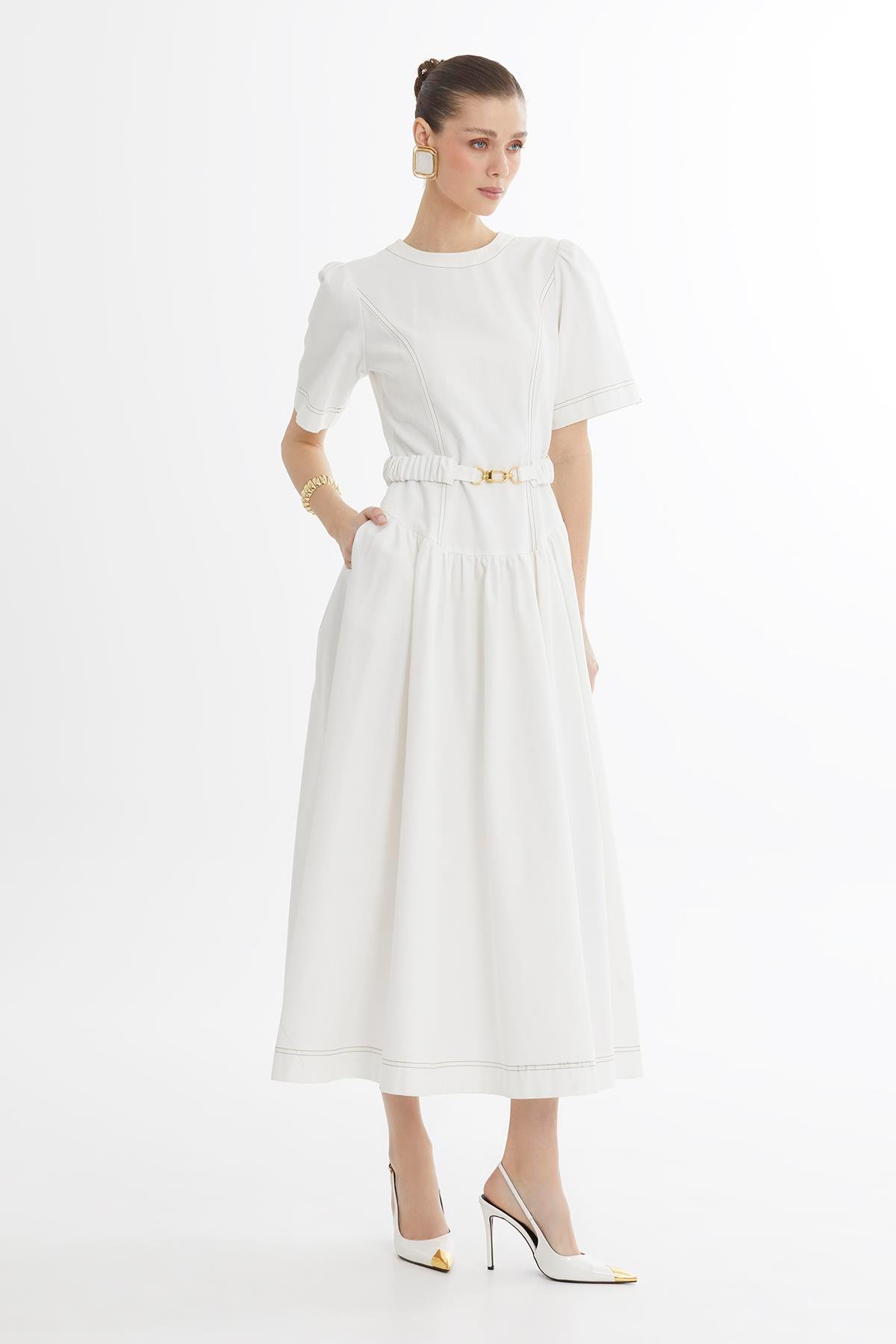 Ecru Buckle-Belt Midi Dress