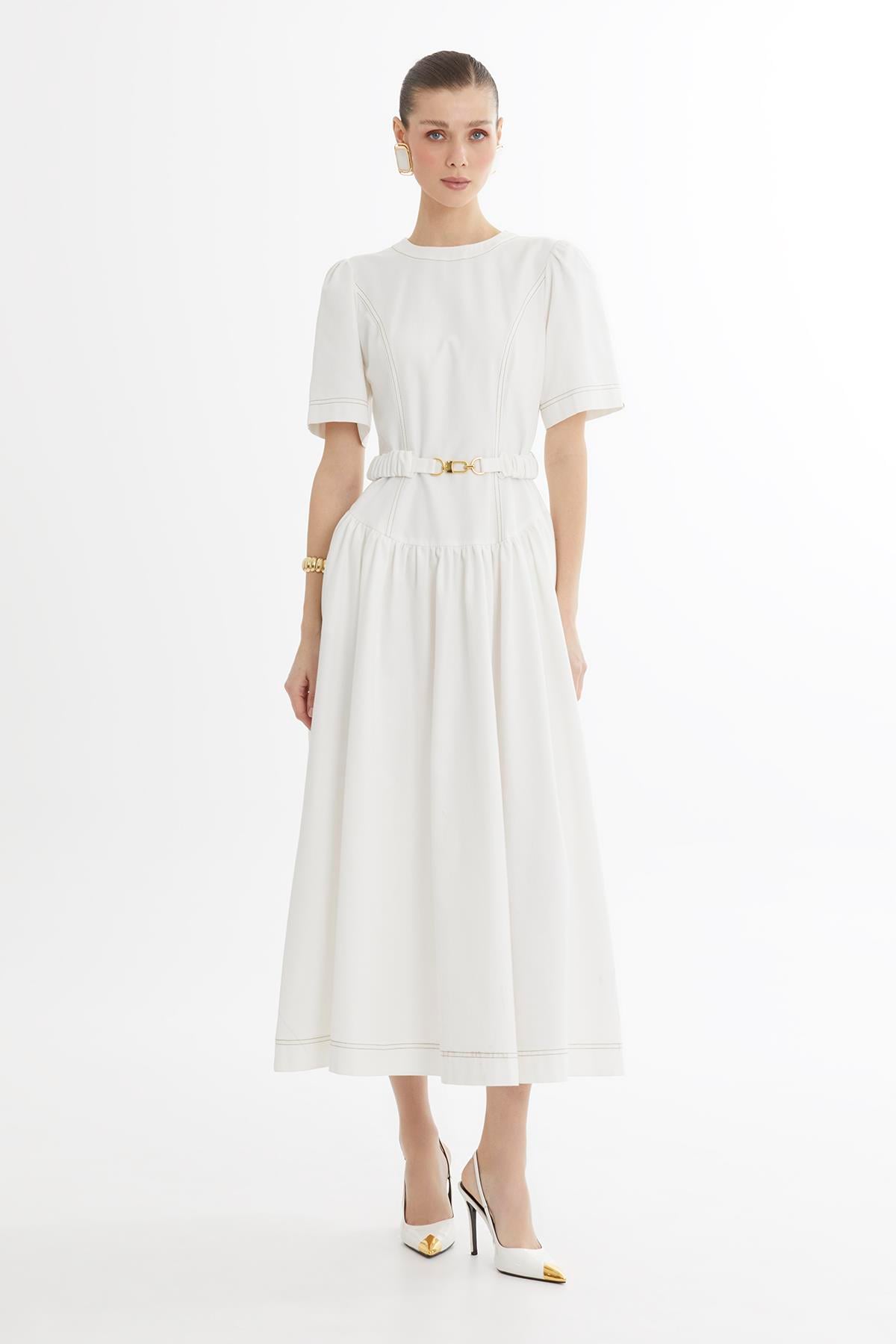Ecru Buckle-Belt Midi Dress