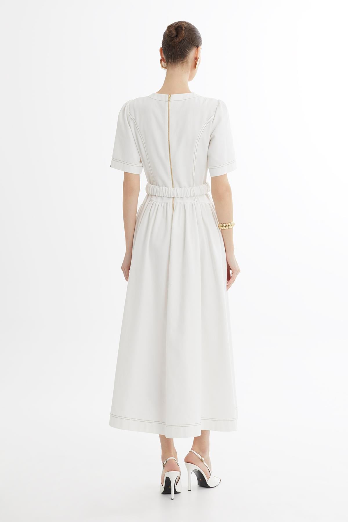 Ecru Buckle-Belt Midi Dress