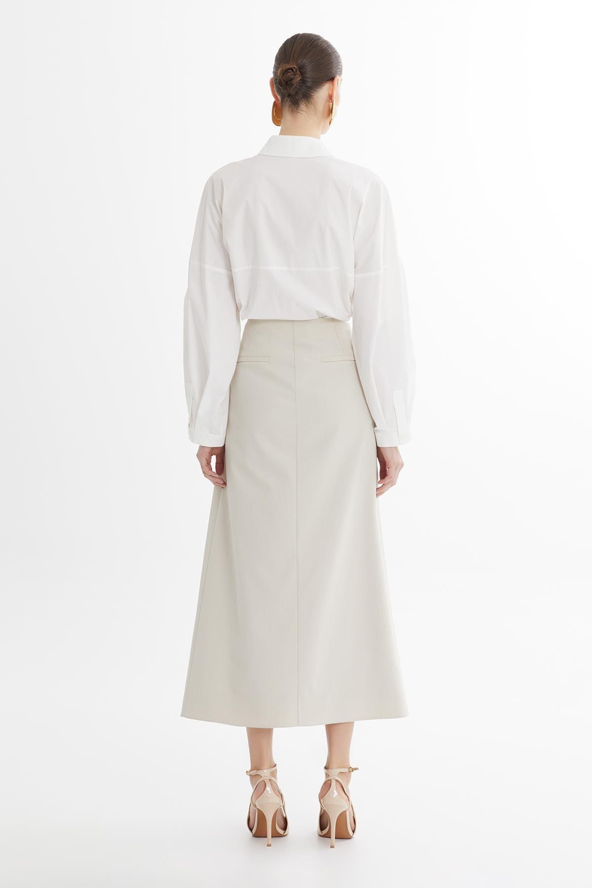 Ecru Button-Closure Asymmetric Skirt