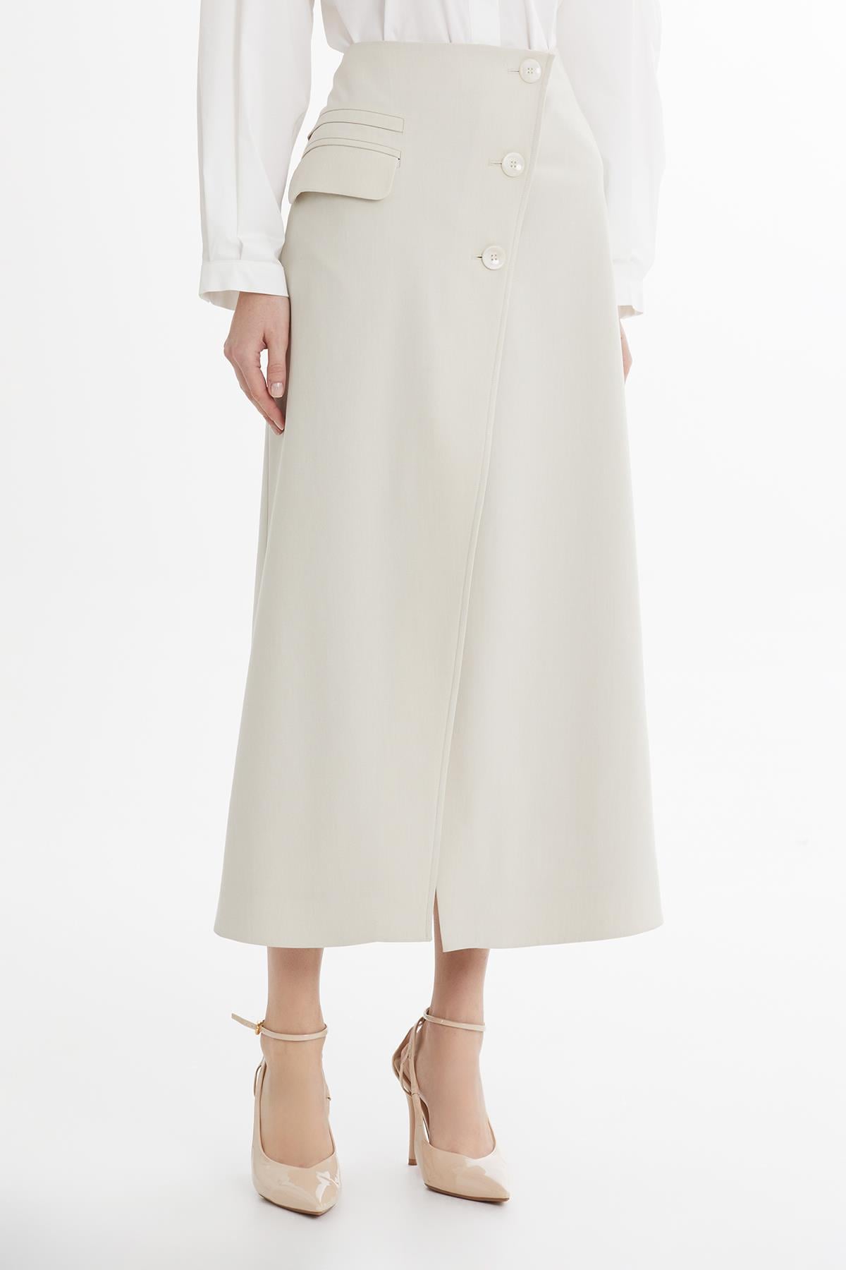 Ecru Button-Closure Asymmetric Skirt
