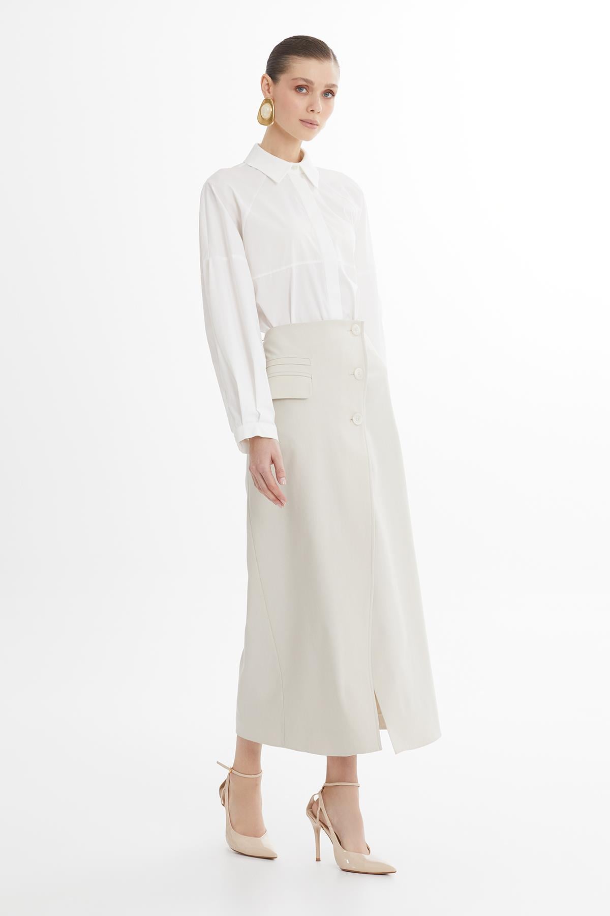 Ecru Button-Closure Asymmetric Skirt