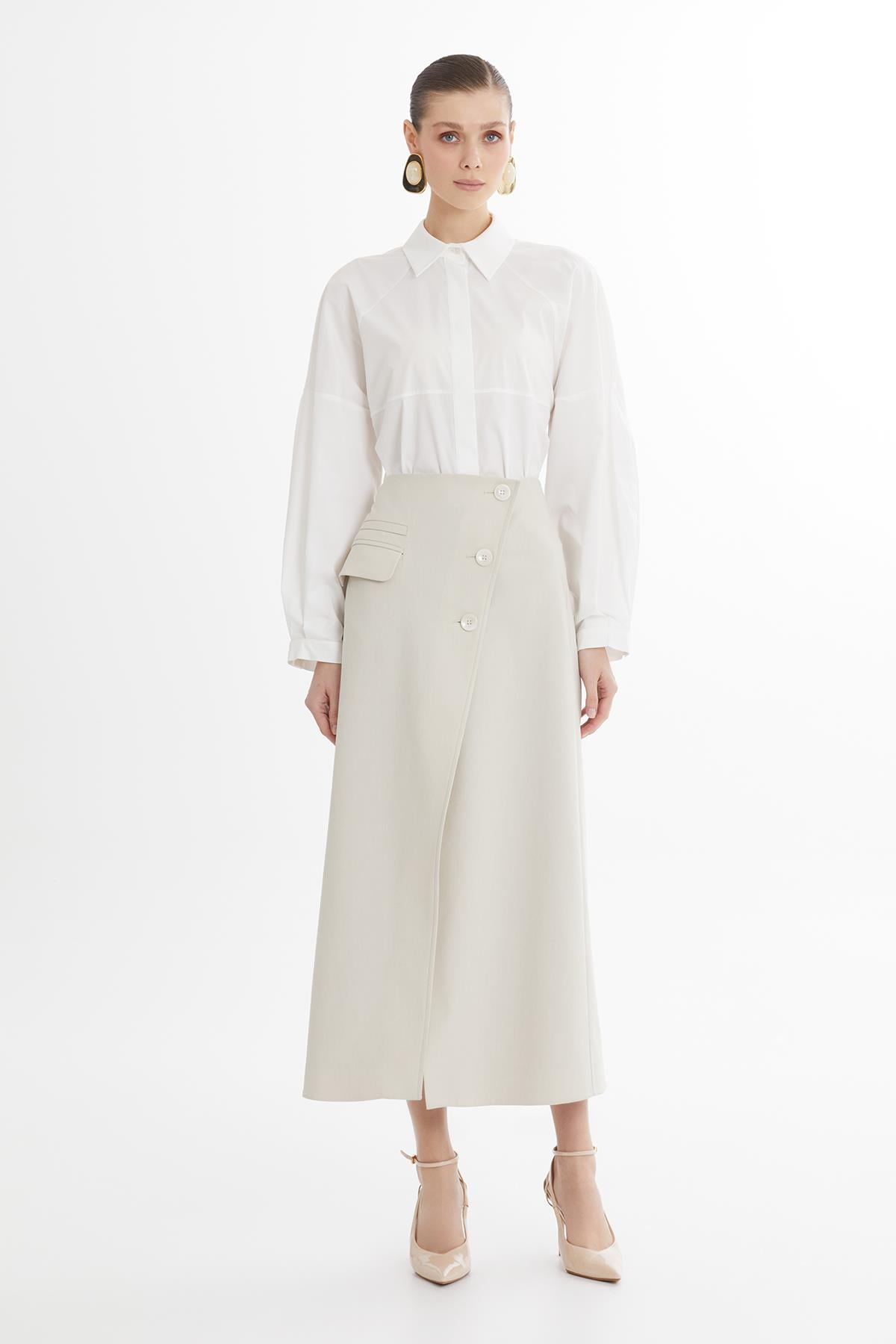 Ecru Button-Closure Asymmetric Skirt