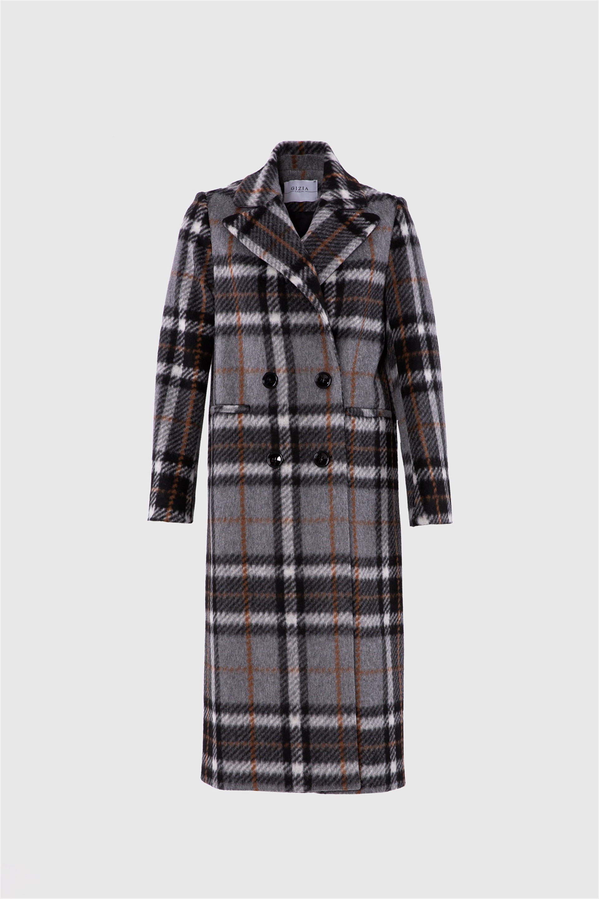 Ekose Büyük Yaka Detaylı Uzun Kahve Kaban