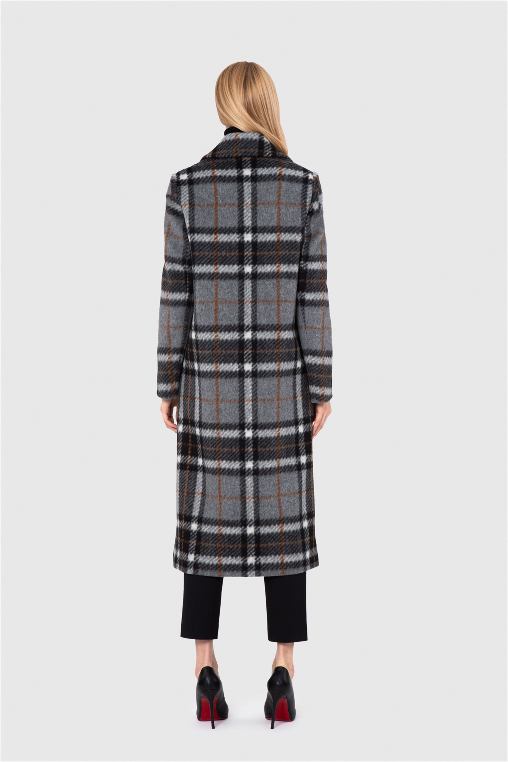 Ekose Büyük Yaka Detaylı Uzun Kahve Kaban