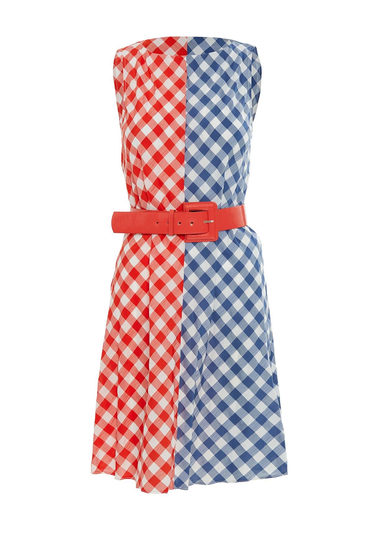 Ekose Çift Renk Kemerli Mini Elbise