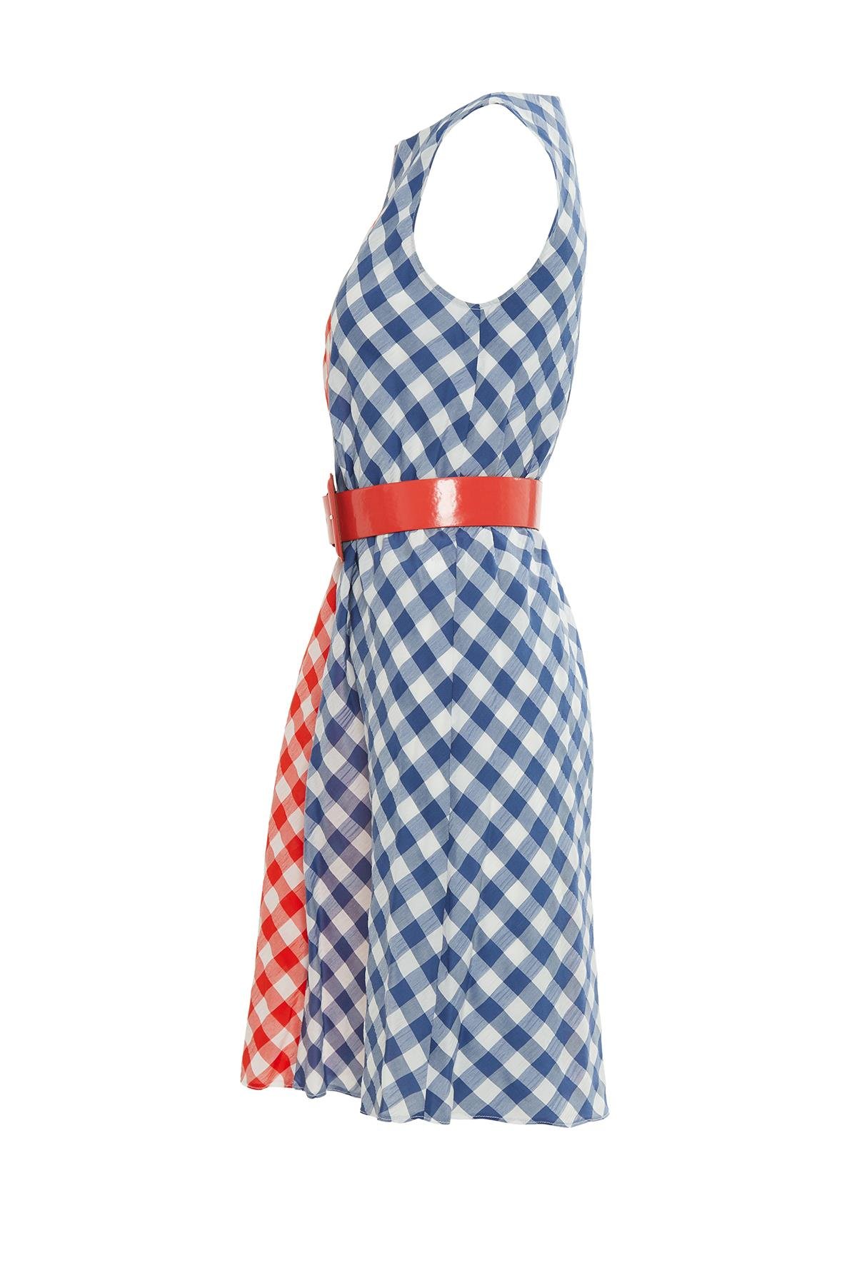 Ekose Çift Renk Kemerli Mini Elbise