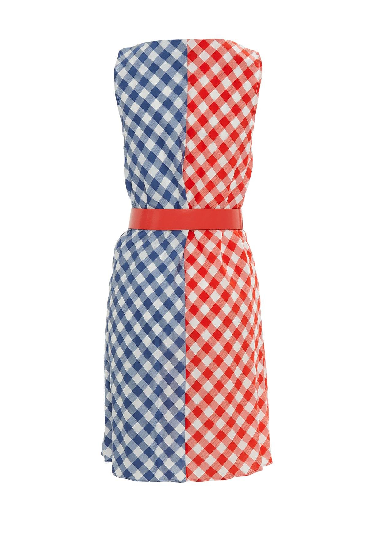 Ekose Çift Renk Kemerli Mini Elbise