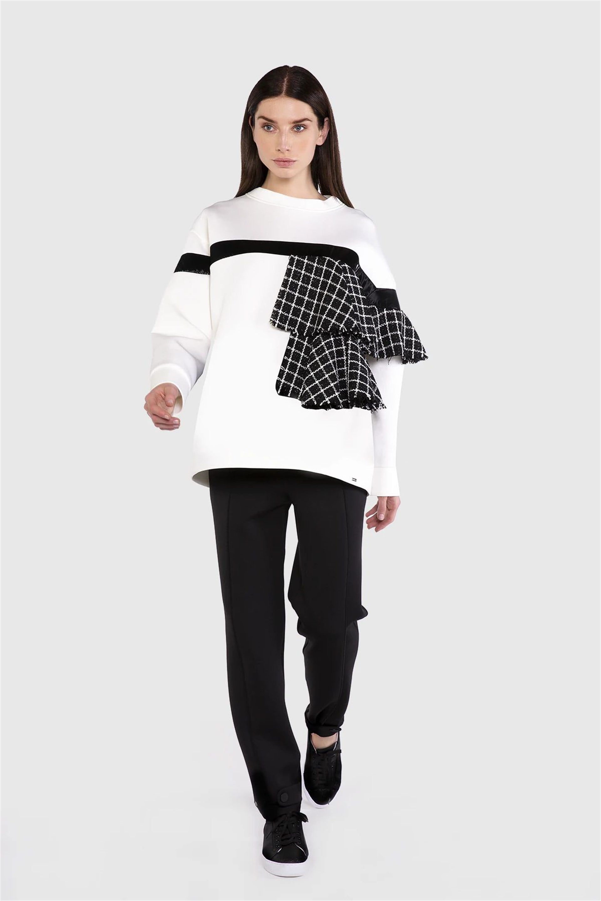 Ekose Tweed Garnili Ekru Sweatshirt