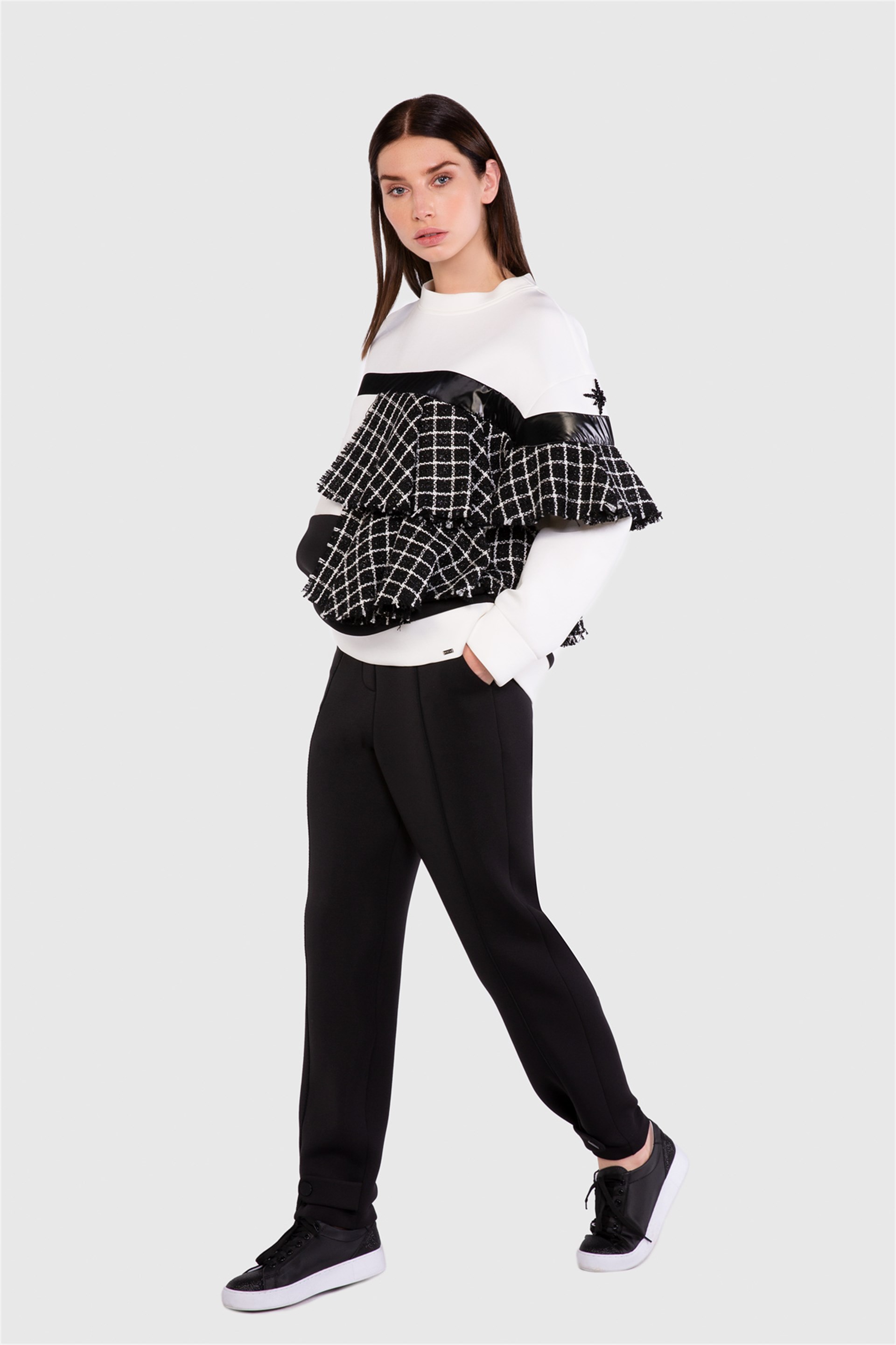 Ekose Tweed Garnili Ekru Sweatshirt
