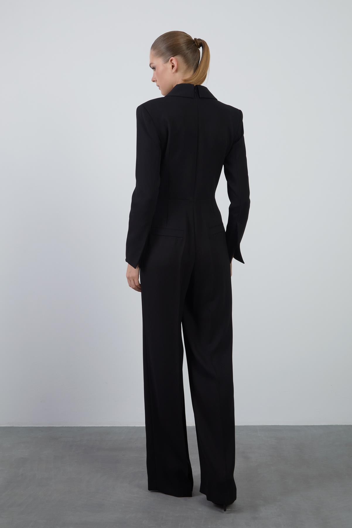 Mandarin Collar Long Black Jumpsuit