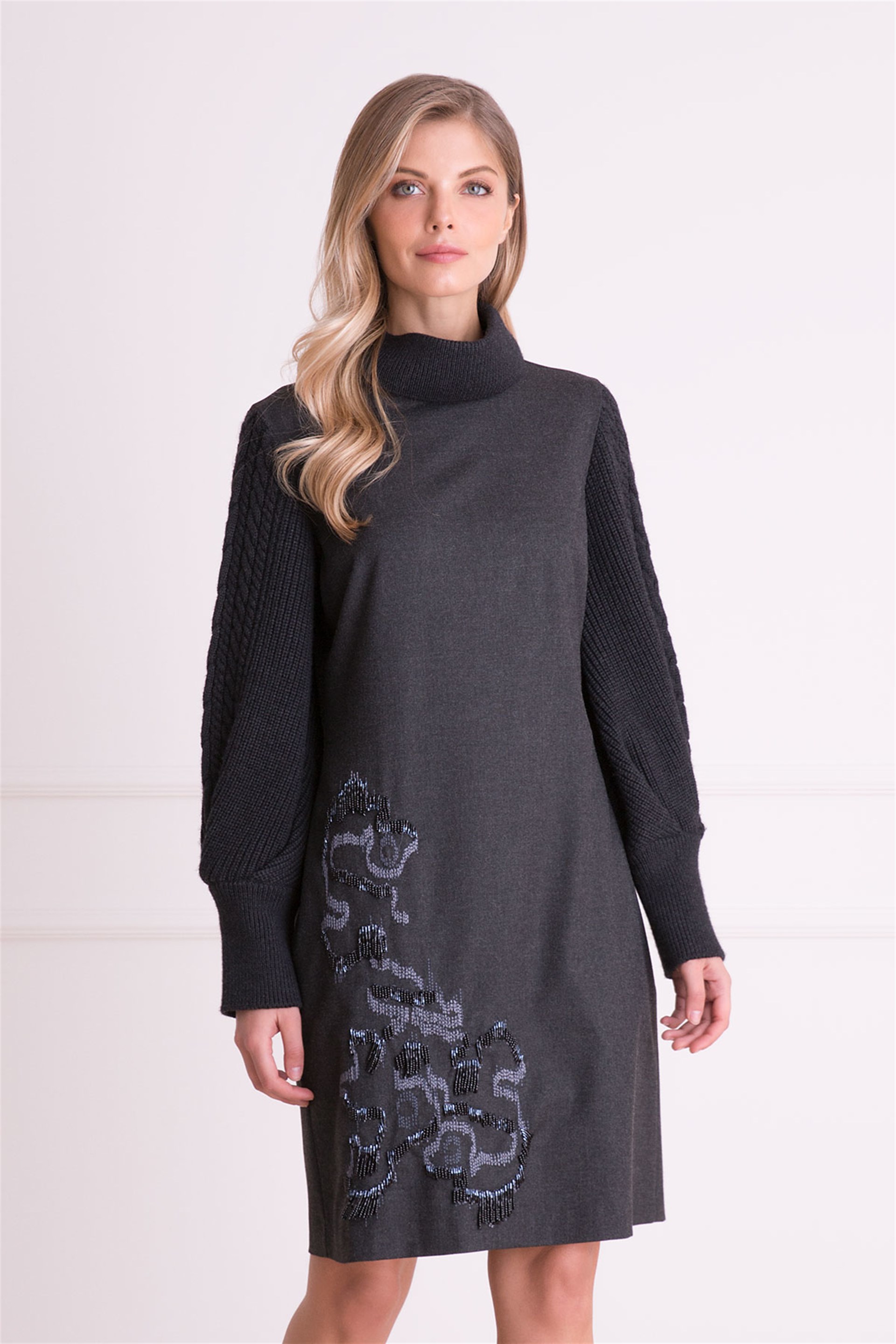 Skirt Embroidered Knitwear Detailed Anthracite Gray Dress