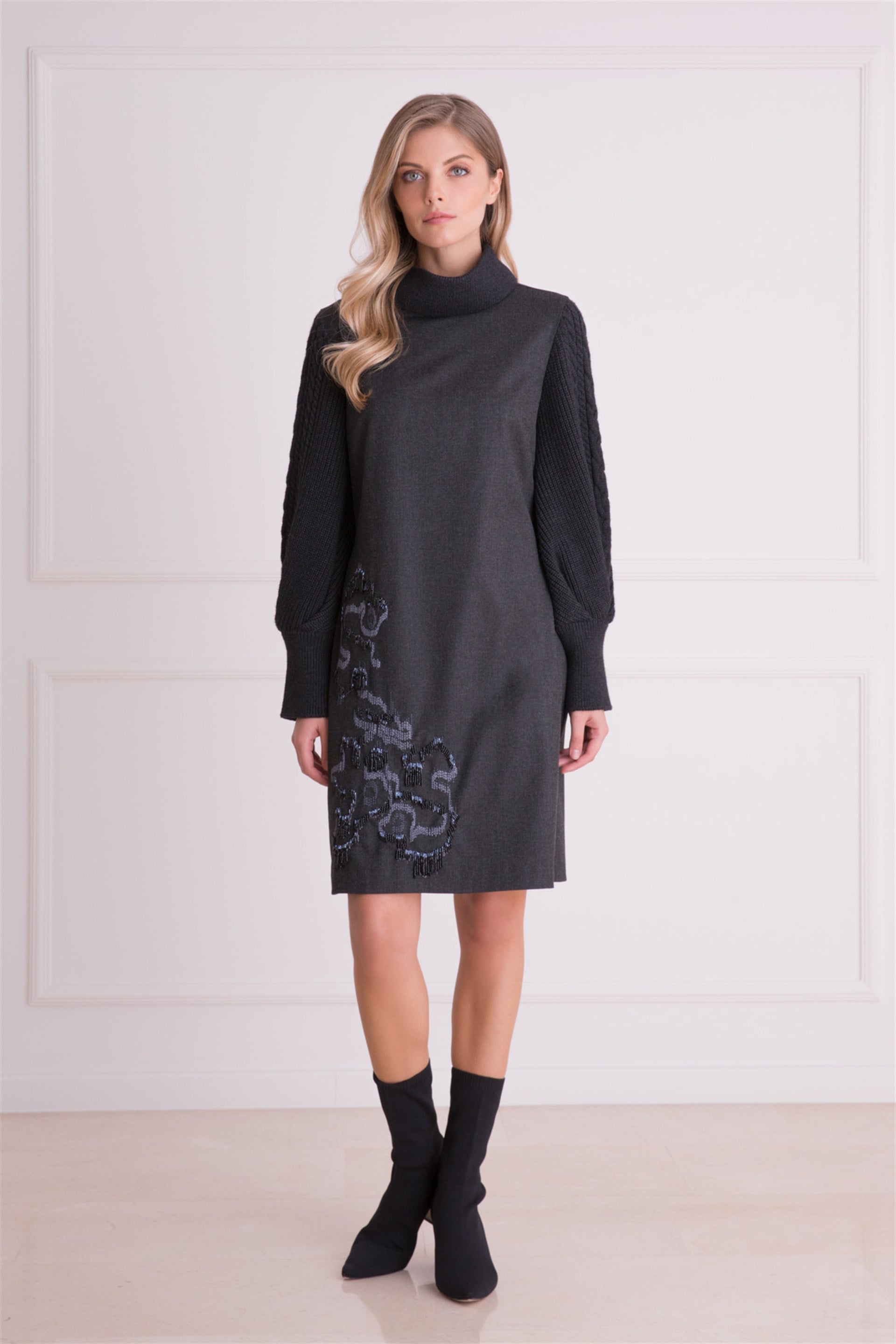 Skirt Embroidered Knitwear Detailed Anthracite Gray Dress