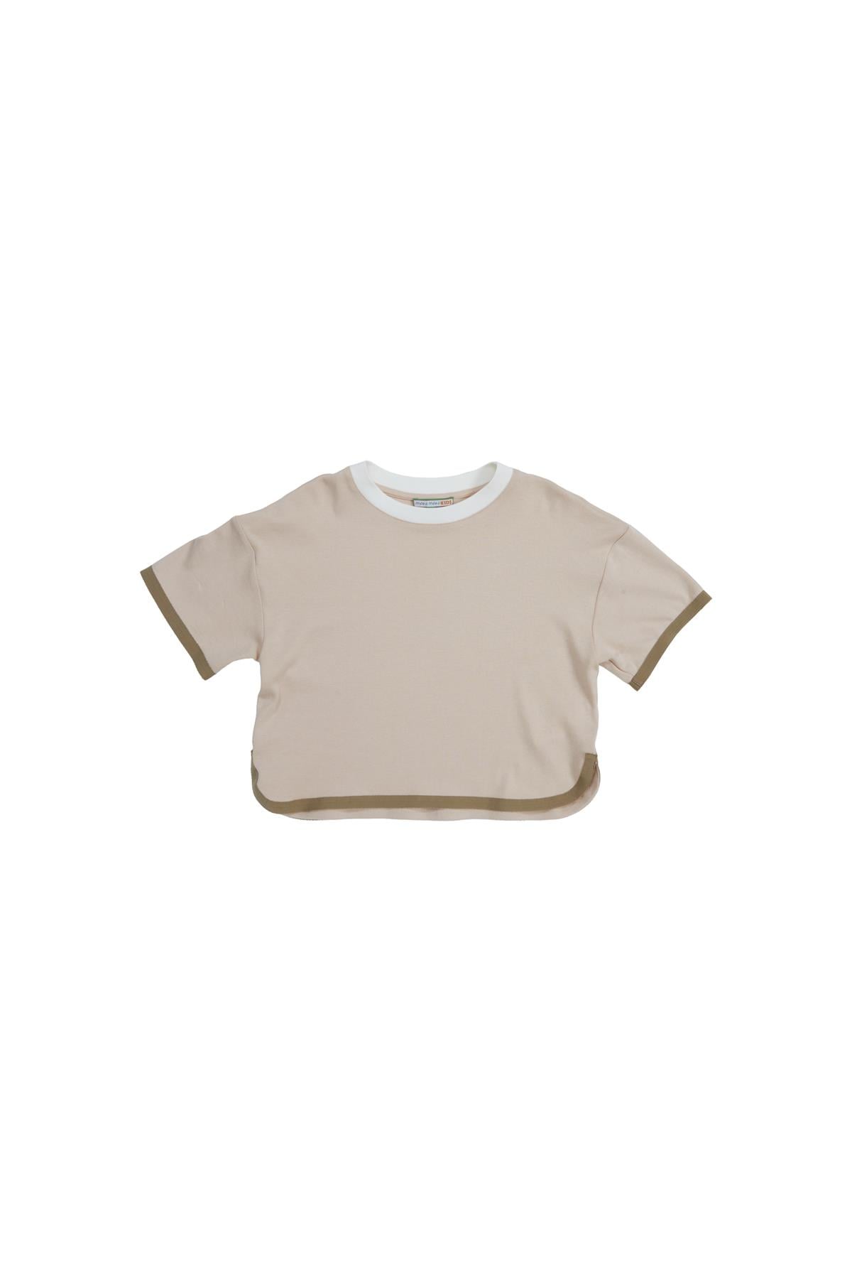 Etek Ucu Yırtmaçlı Şerit Detaylı Bej T-Shirt