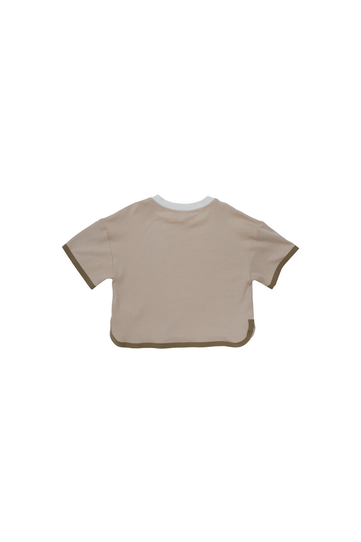 Etek Ucu Yırtmaçlı Şerit Detaylı Bej T-Shirt