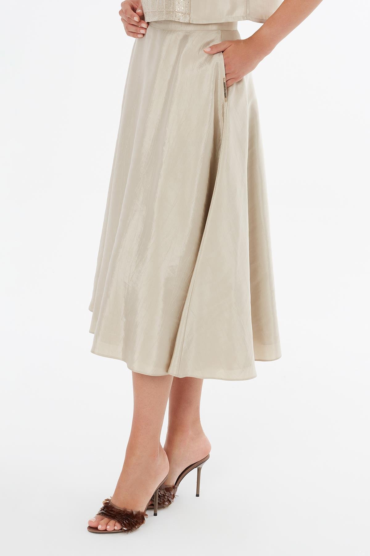 Beige Zip-Closure Midi Skirt