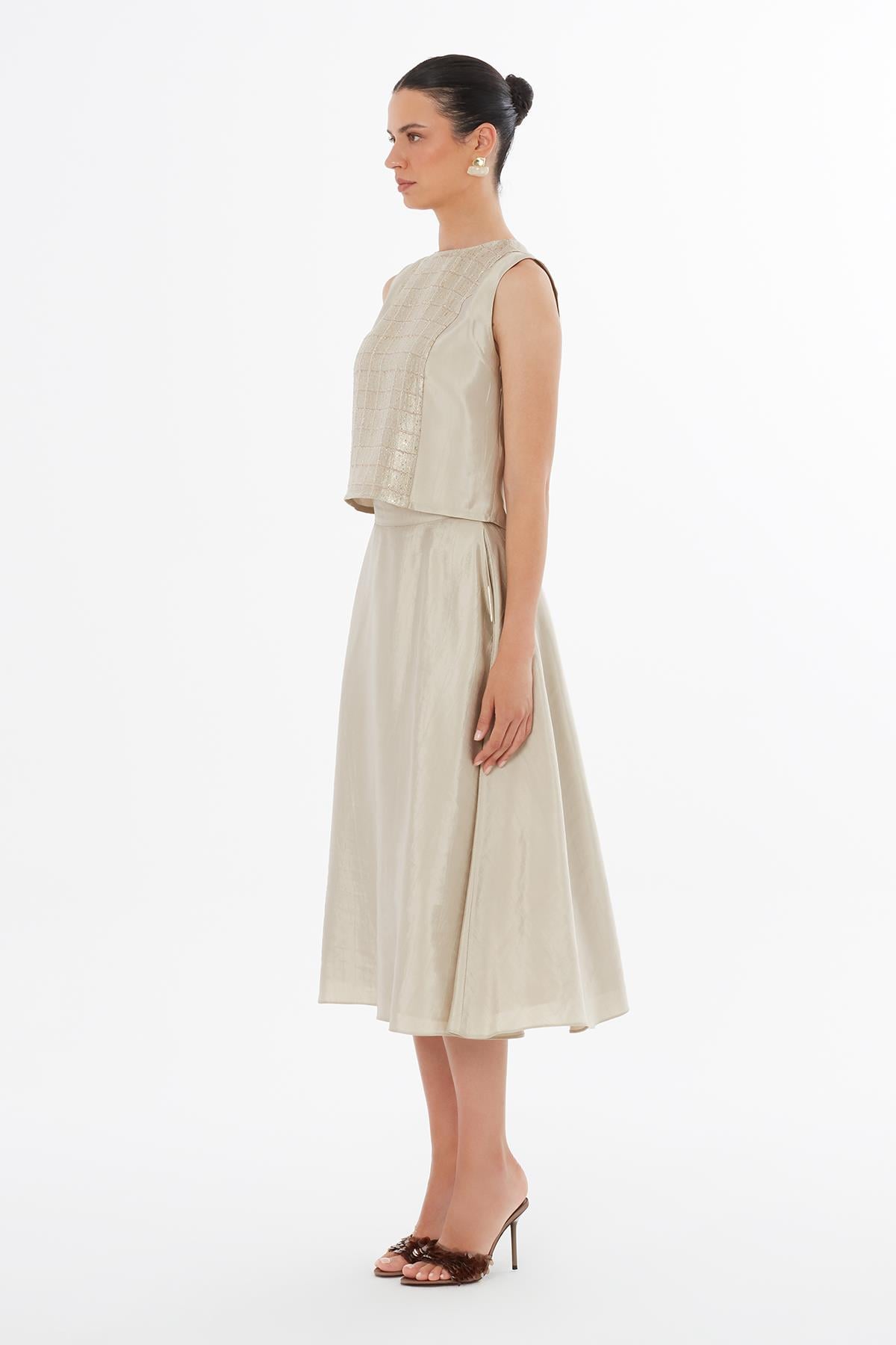 Beige Zip-Closure Midi Skirt