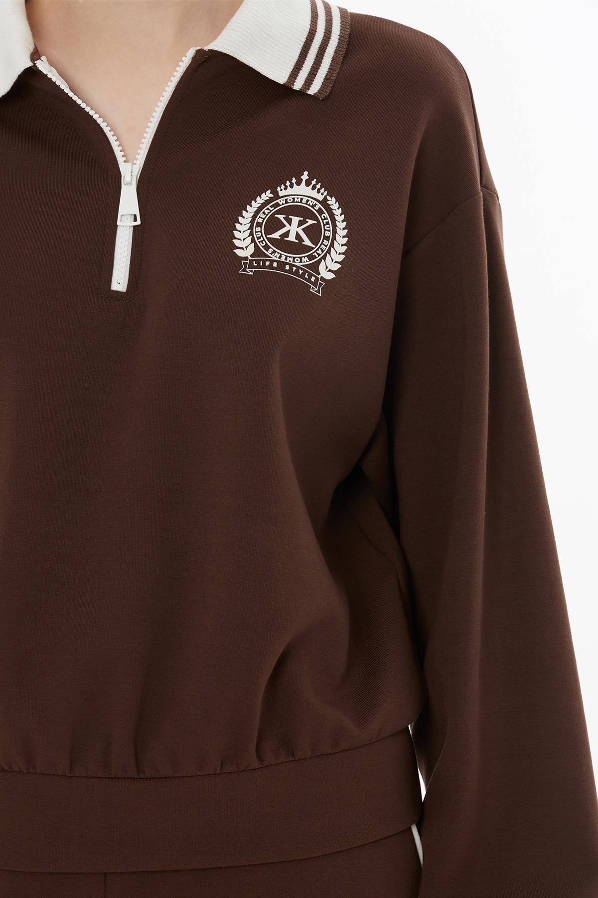 Fermuarlı Triko Yakalı Kahverengi Eşofman Takımı