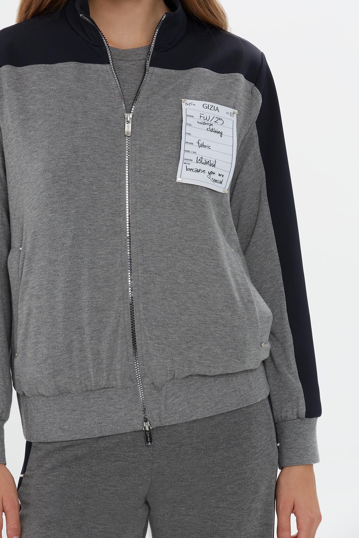 File Astarlı Eşofman Üstü Fermuarlı Gri Ceket