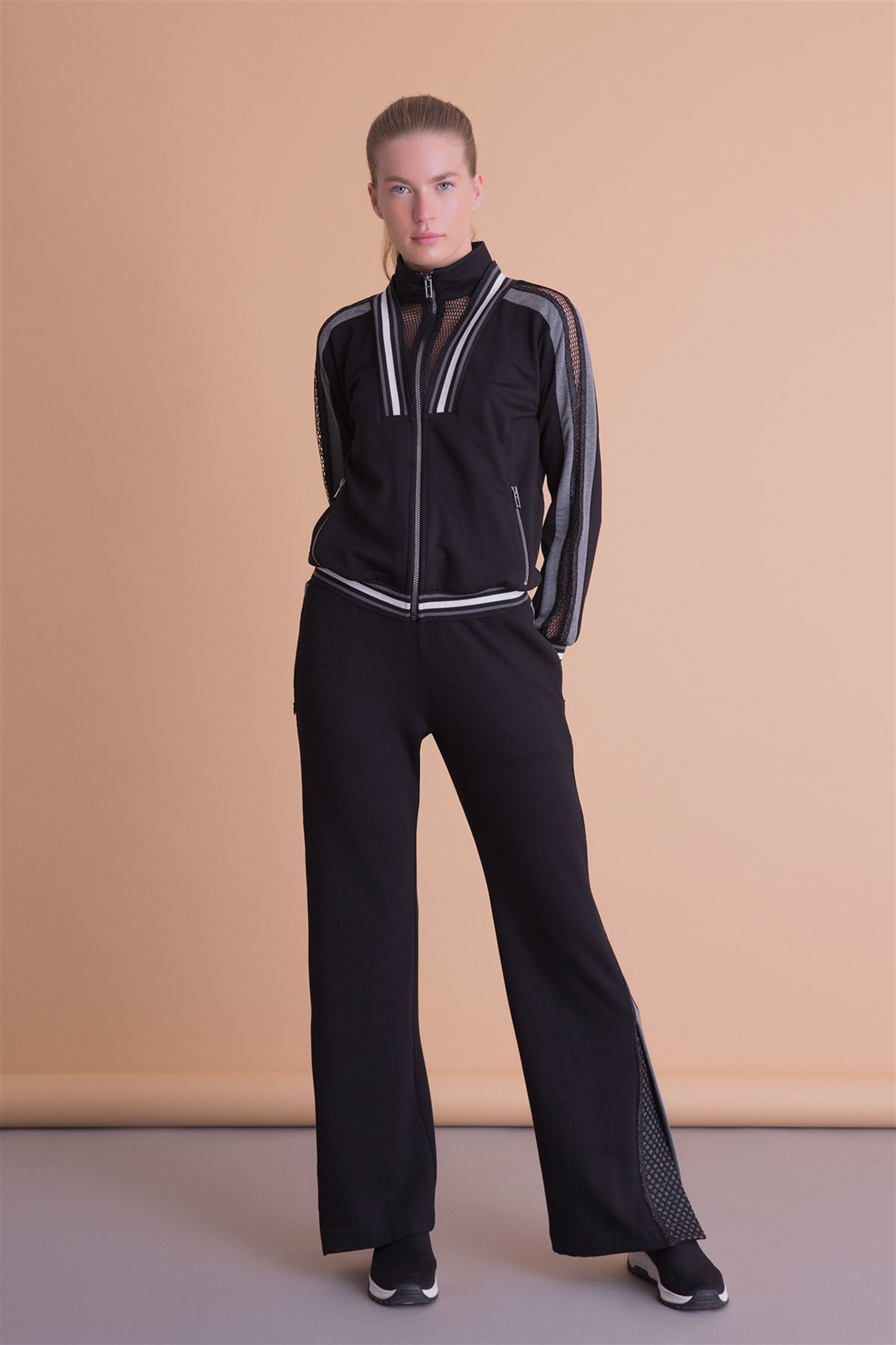 Mesh Stripe Detailed Zippered Black Sweatshirt