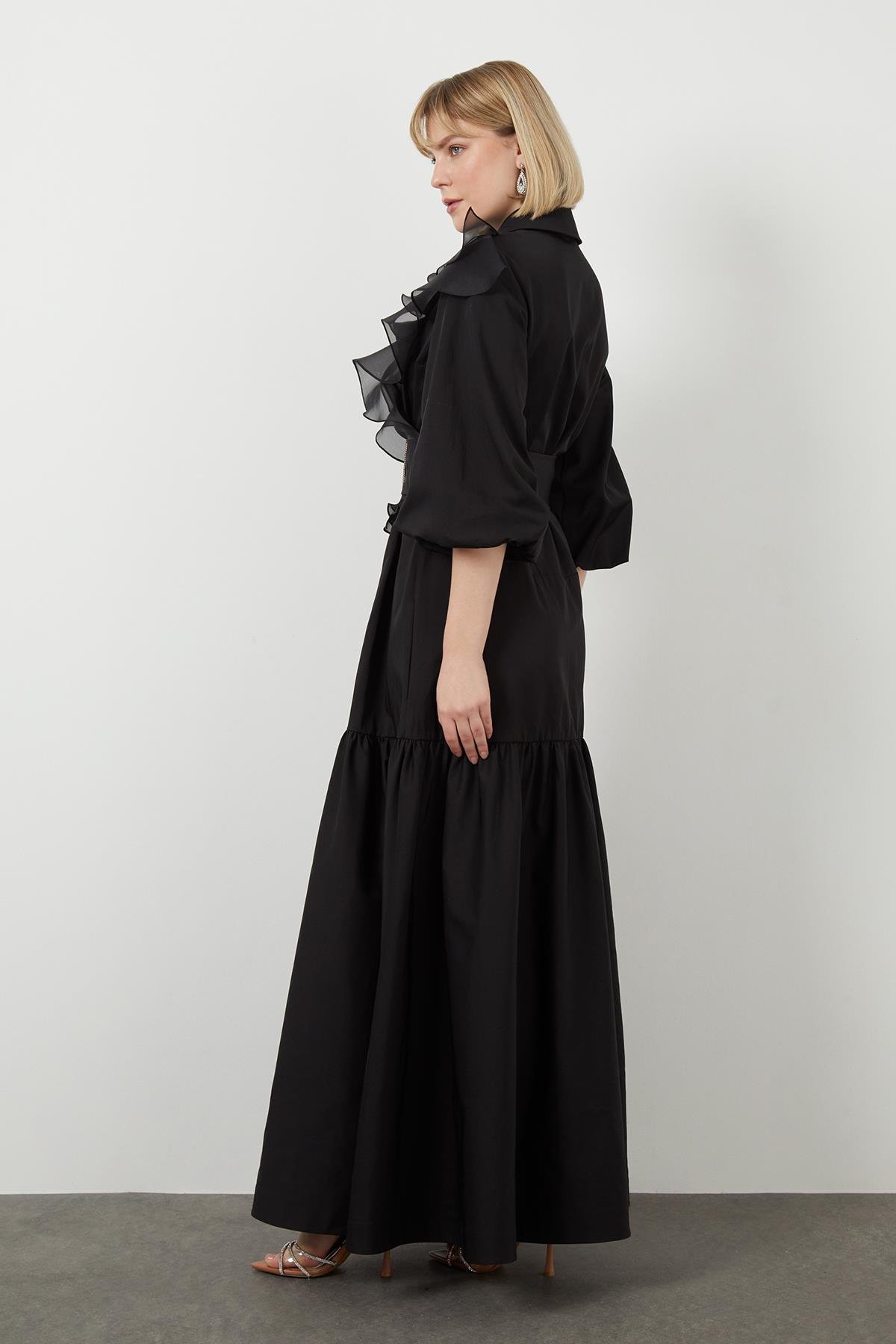 Ruffle Detailed Three-quarter Sleeve Long Black Dress