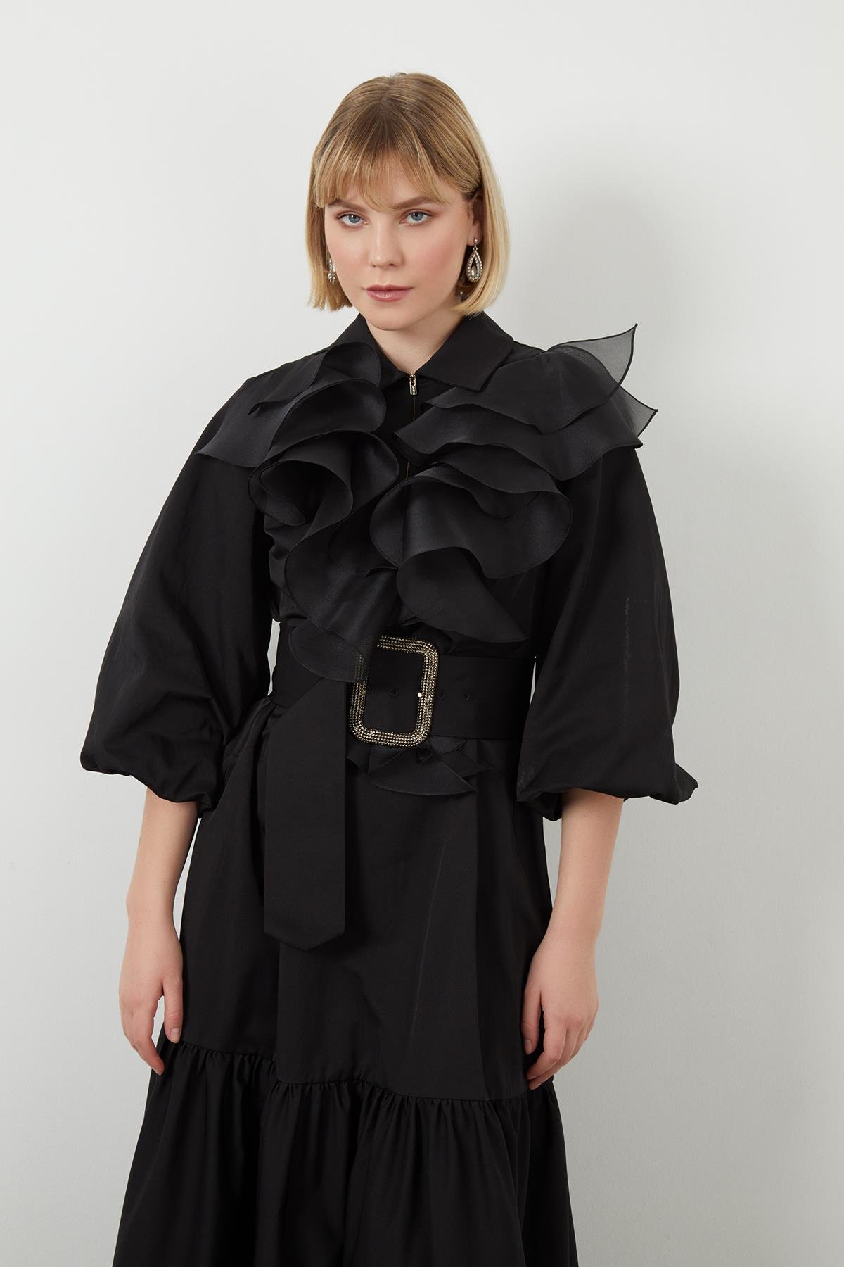 Ruffle Detailed Three-quarter Sleeve Long Black Dress