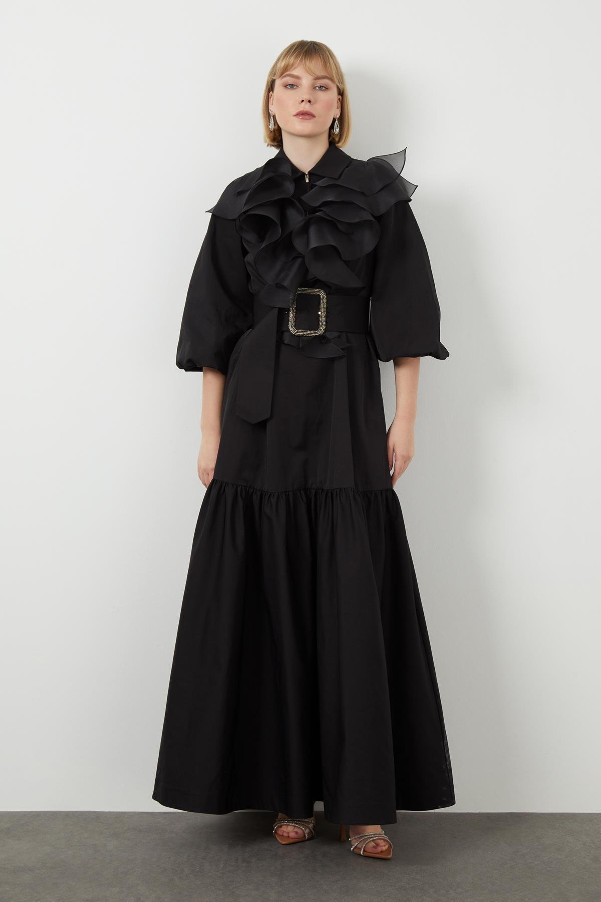 Ruffle Detailed Three-quarter Sleeve Long Black Dress