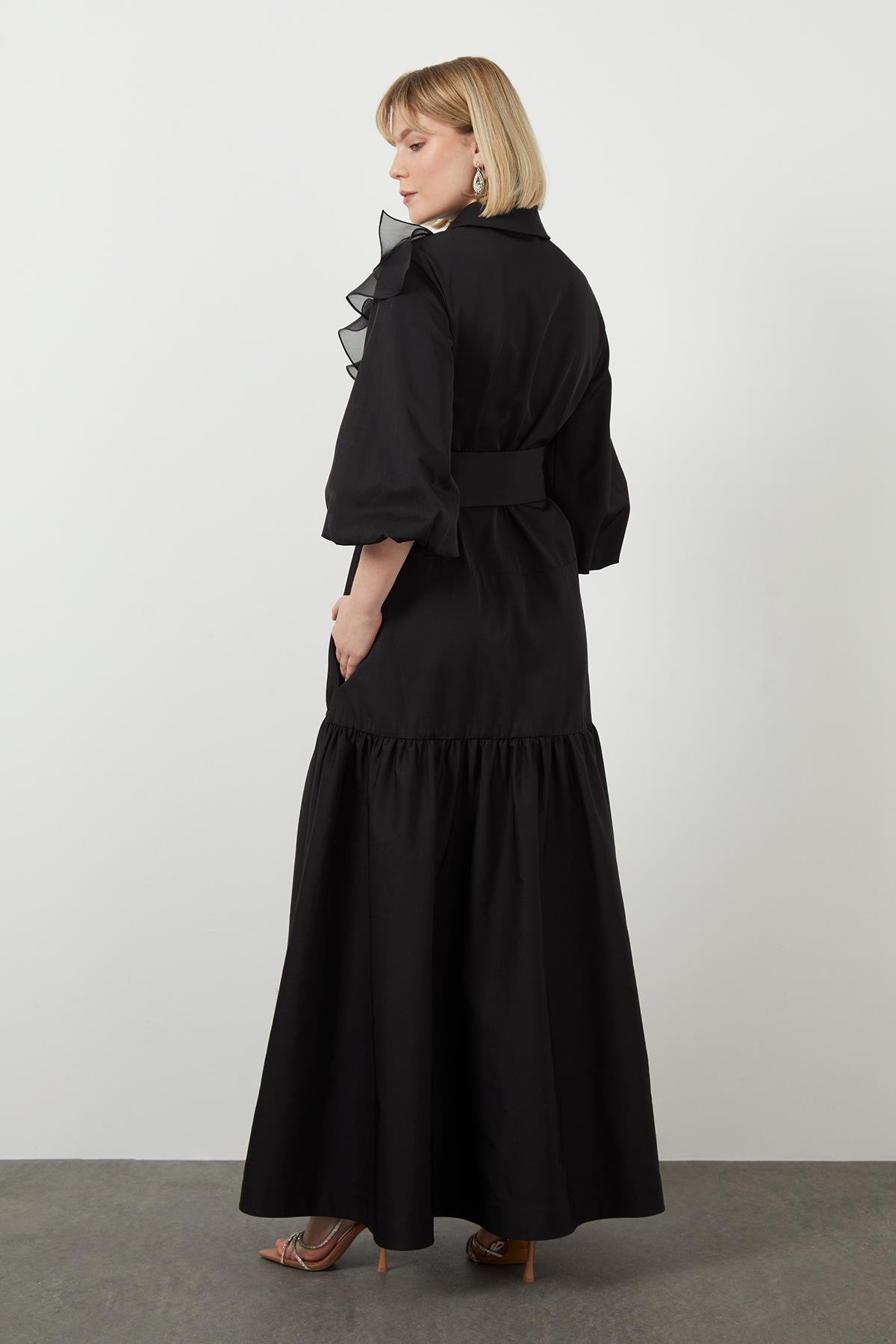 Ruffle Detailed Three-quarter Sleeve Long Black Dress