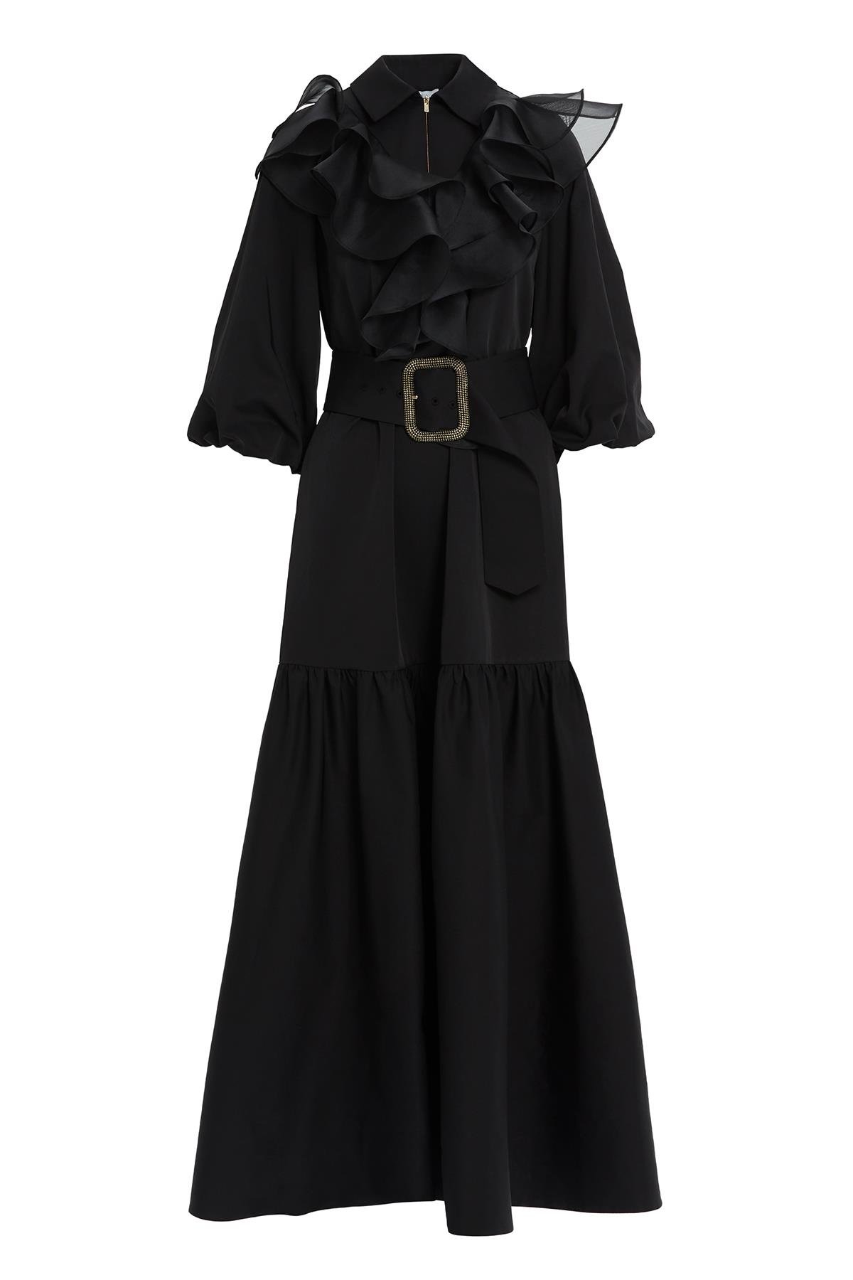 Ruffle Detailed Three-quarter Sleeve Long Black Dress