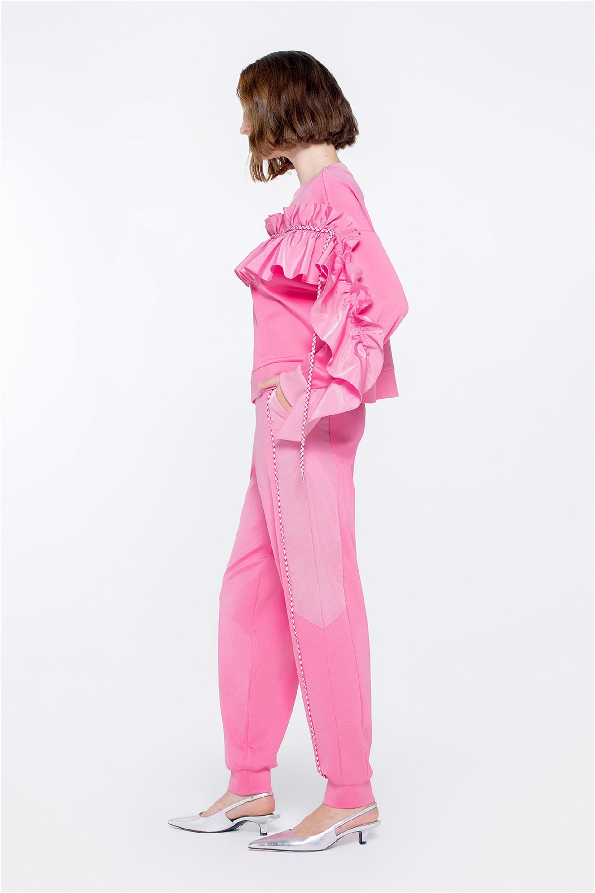 Fırfır Ve Kordon Süslemeli Pembe Tshirt