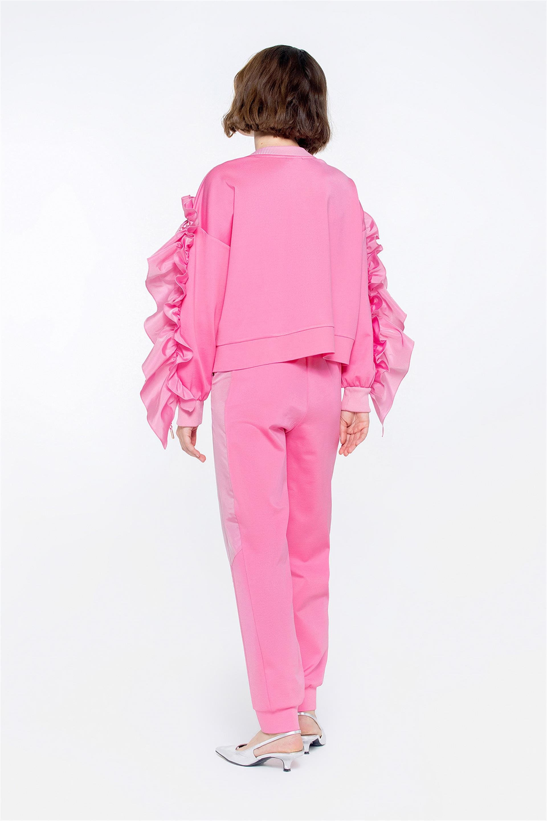 Fırfır Ve Kordon Süslemeli Pembe Tshirt