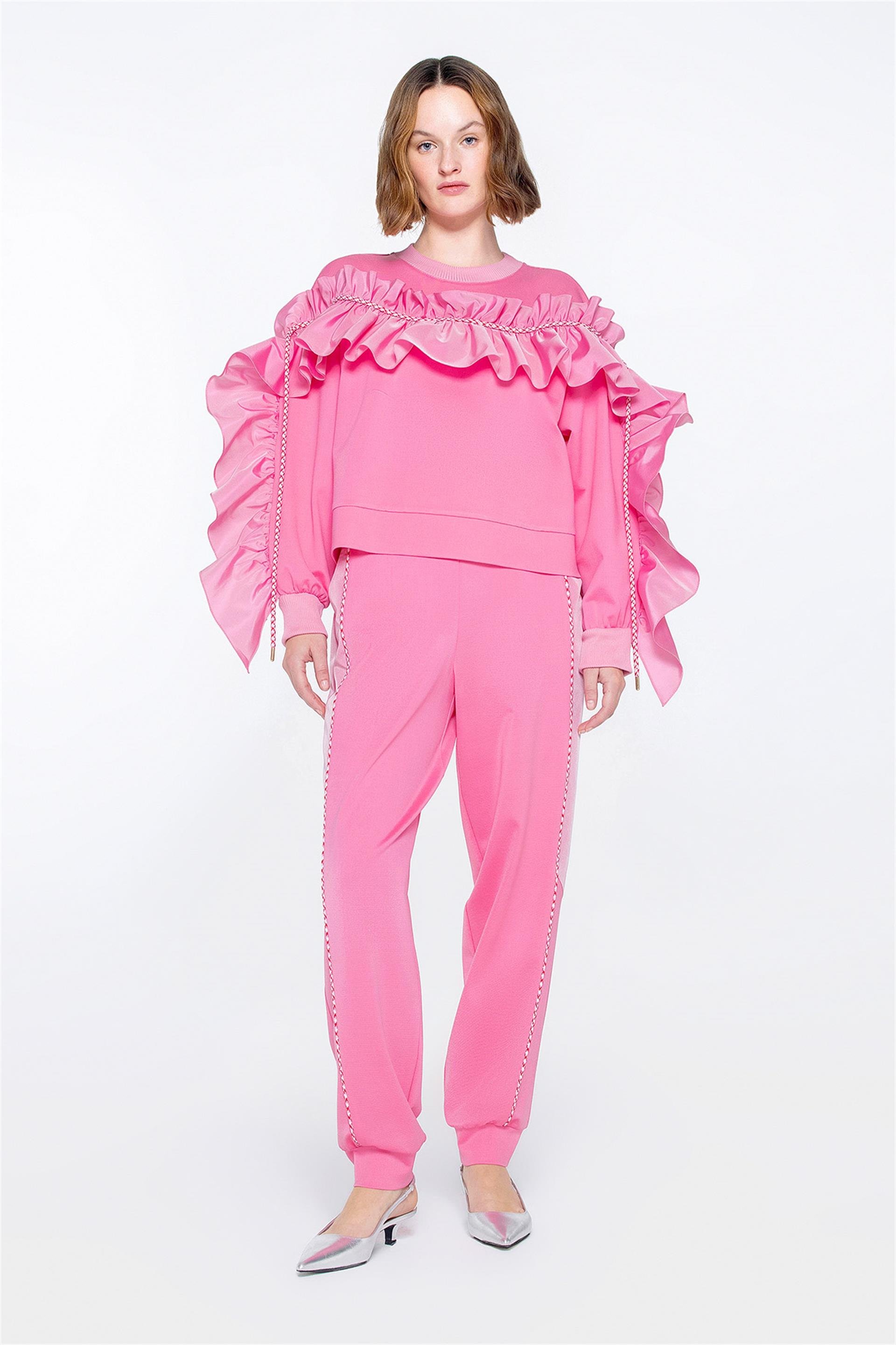 Fırfır Ve Kordon Süslemeli Pembe Tshirt