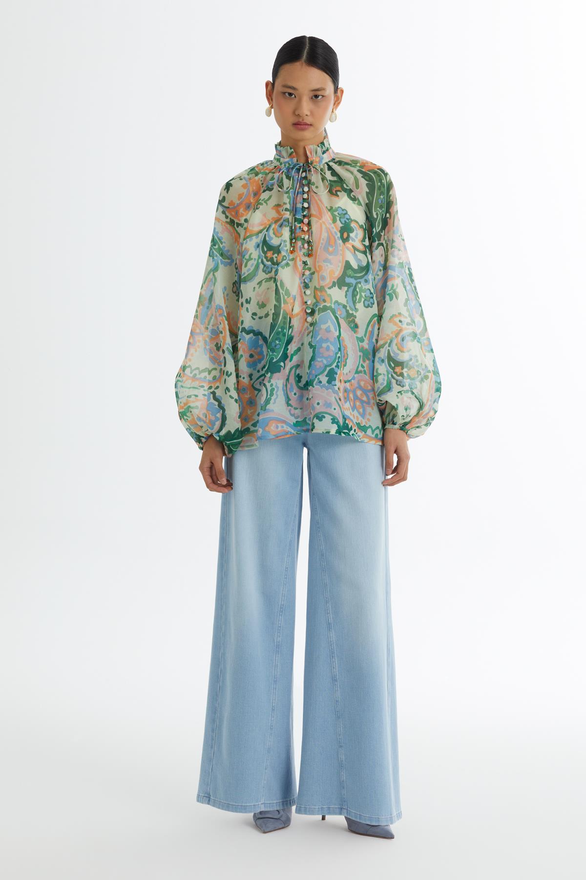 Ruffle-Neck Patterned Blouse