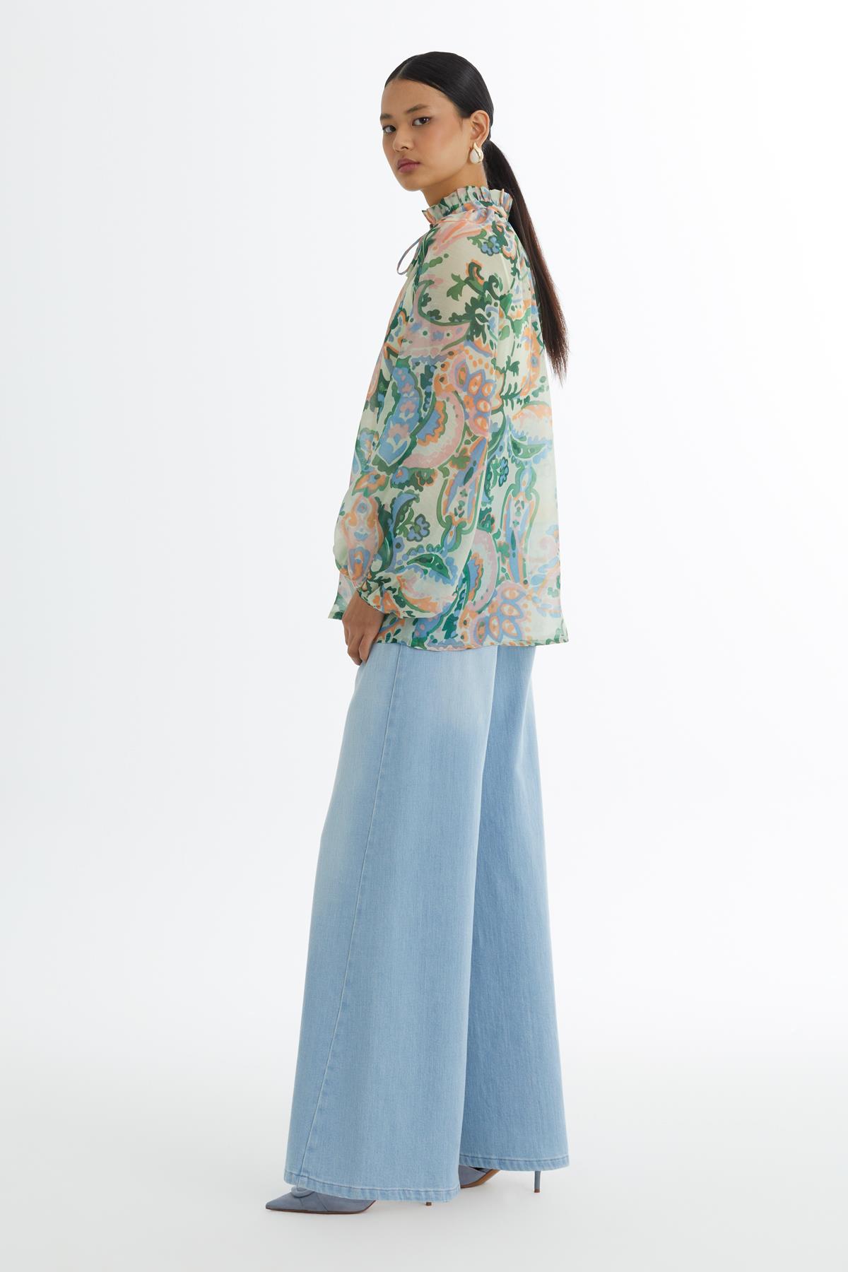Ruffle-Neck Patterned Blouse