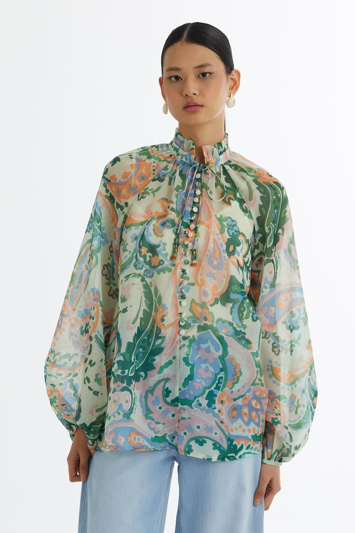 Ruffle-Neck Patterned Blouse