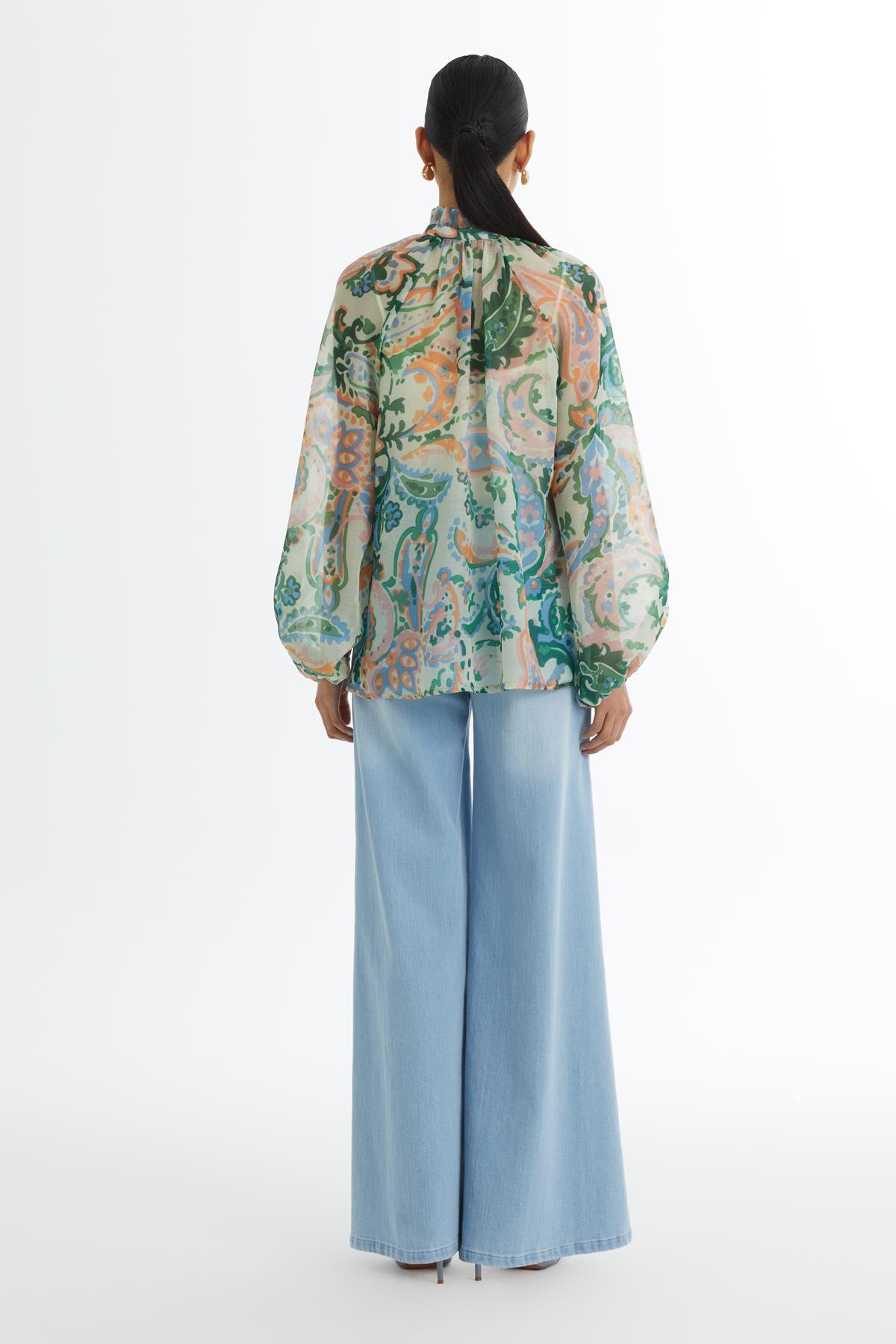 Ruffle-Neck Patterned Blouse
