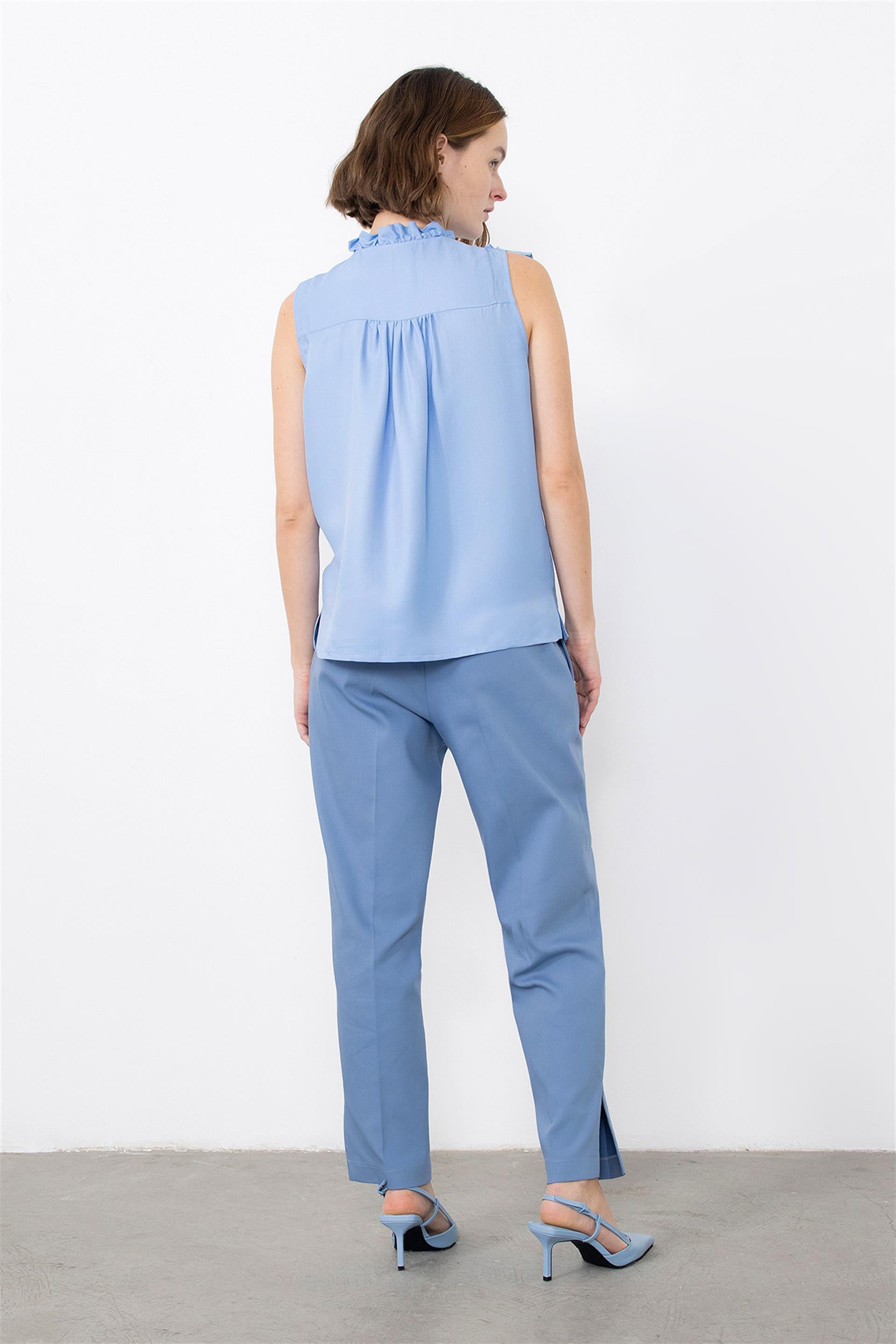 Blue Blouse With Ruffled Embroidery Detail