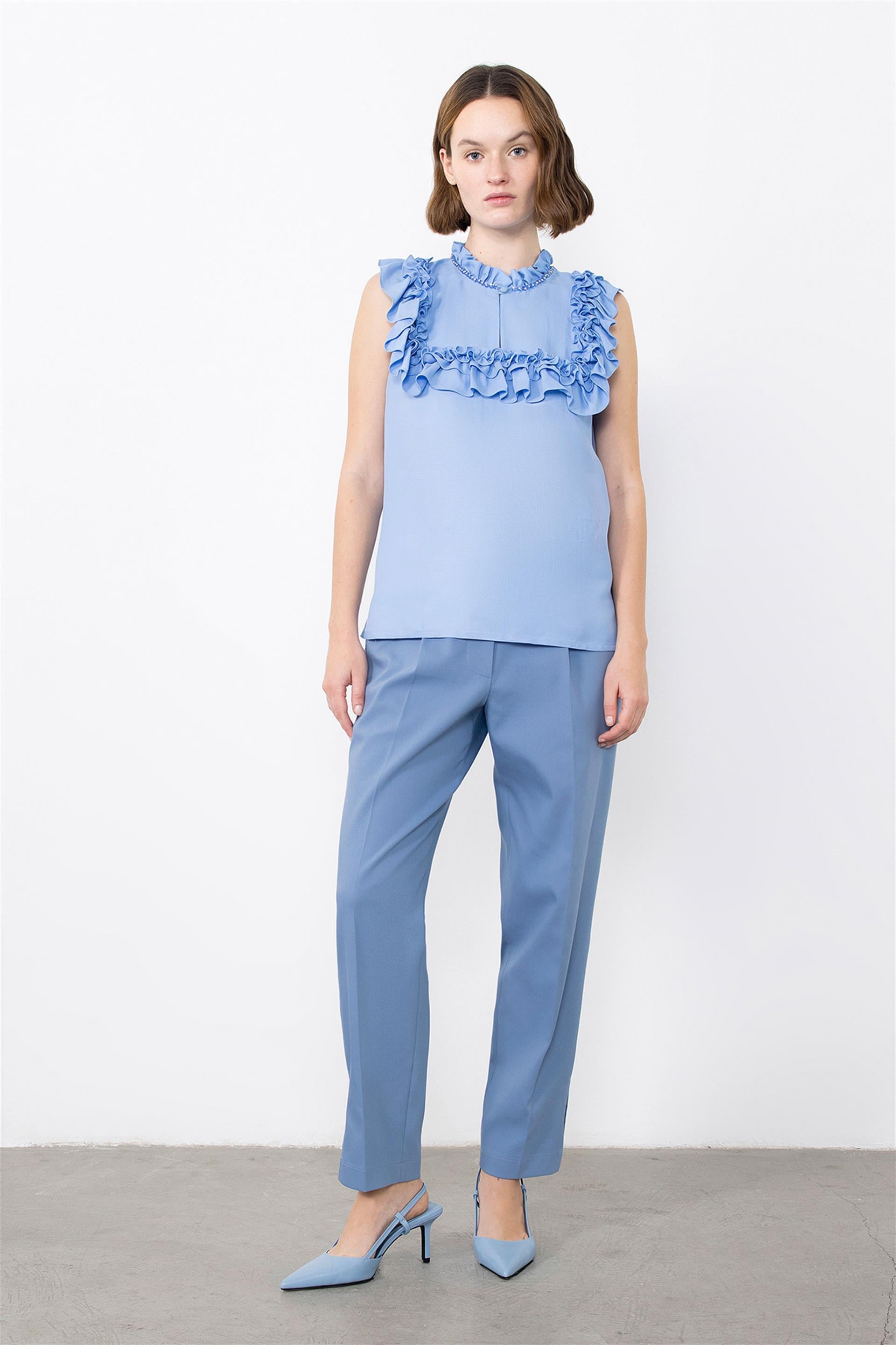 Blue Blouse With Ruffled Embroidery Detail