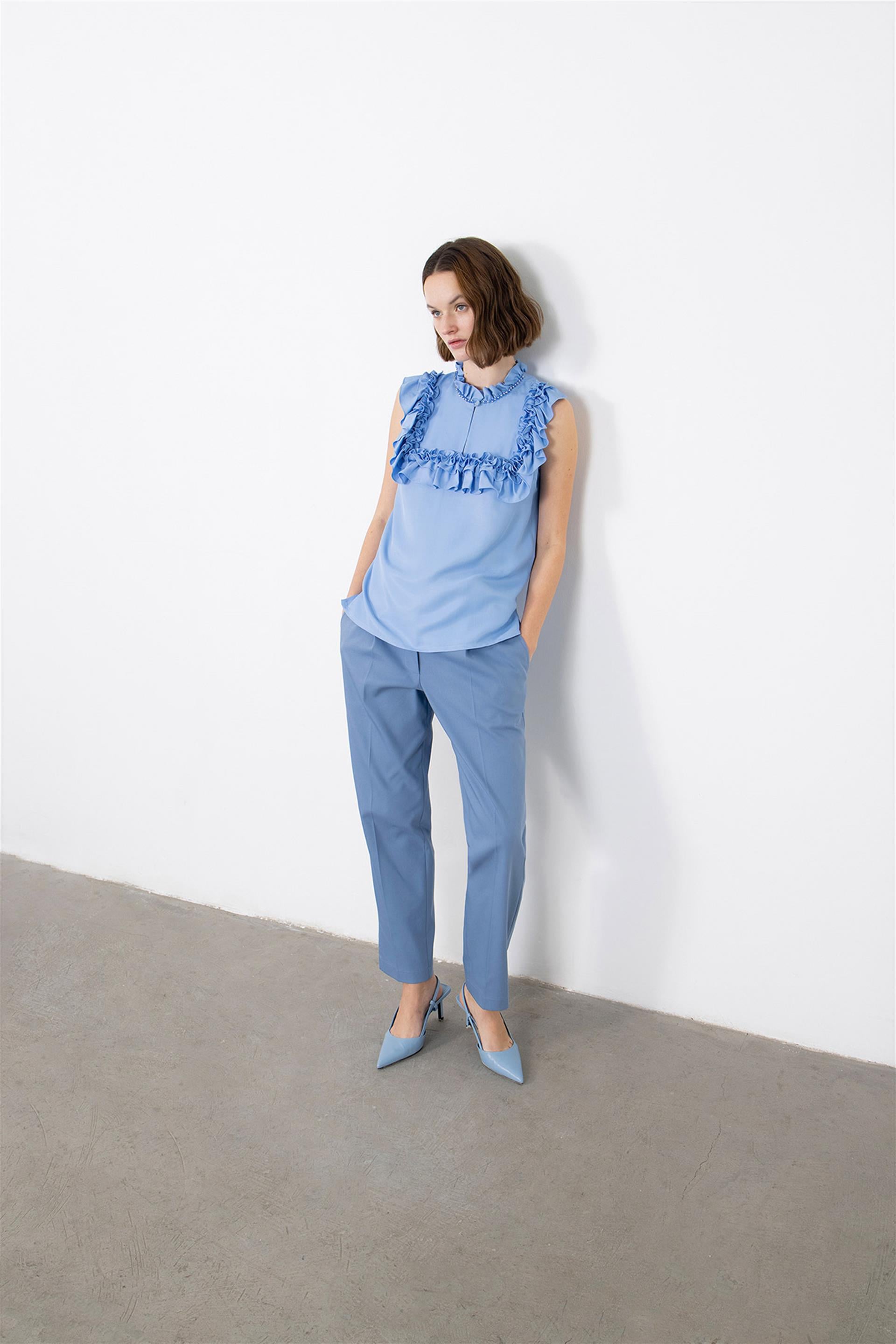 Blue Blouse With Ruffled Embroidery Detail