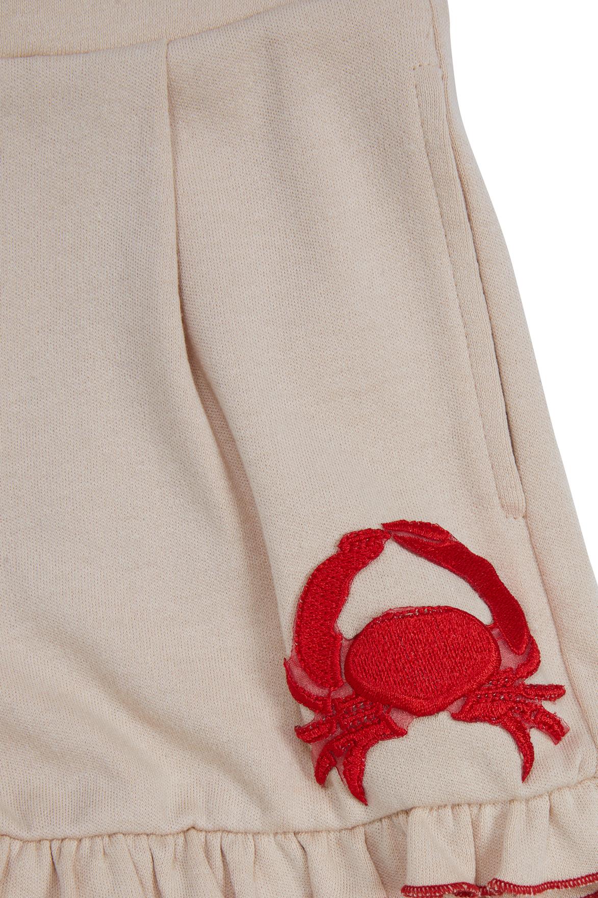 Beige Shorts With Red Crab Embroidery And Frilled Hem