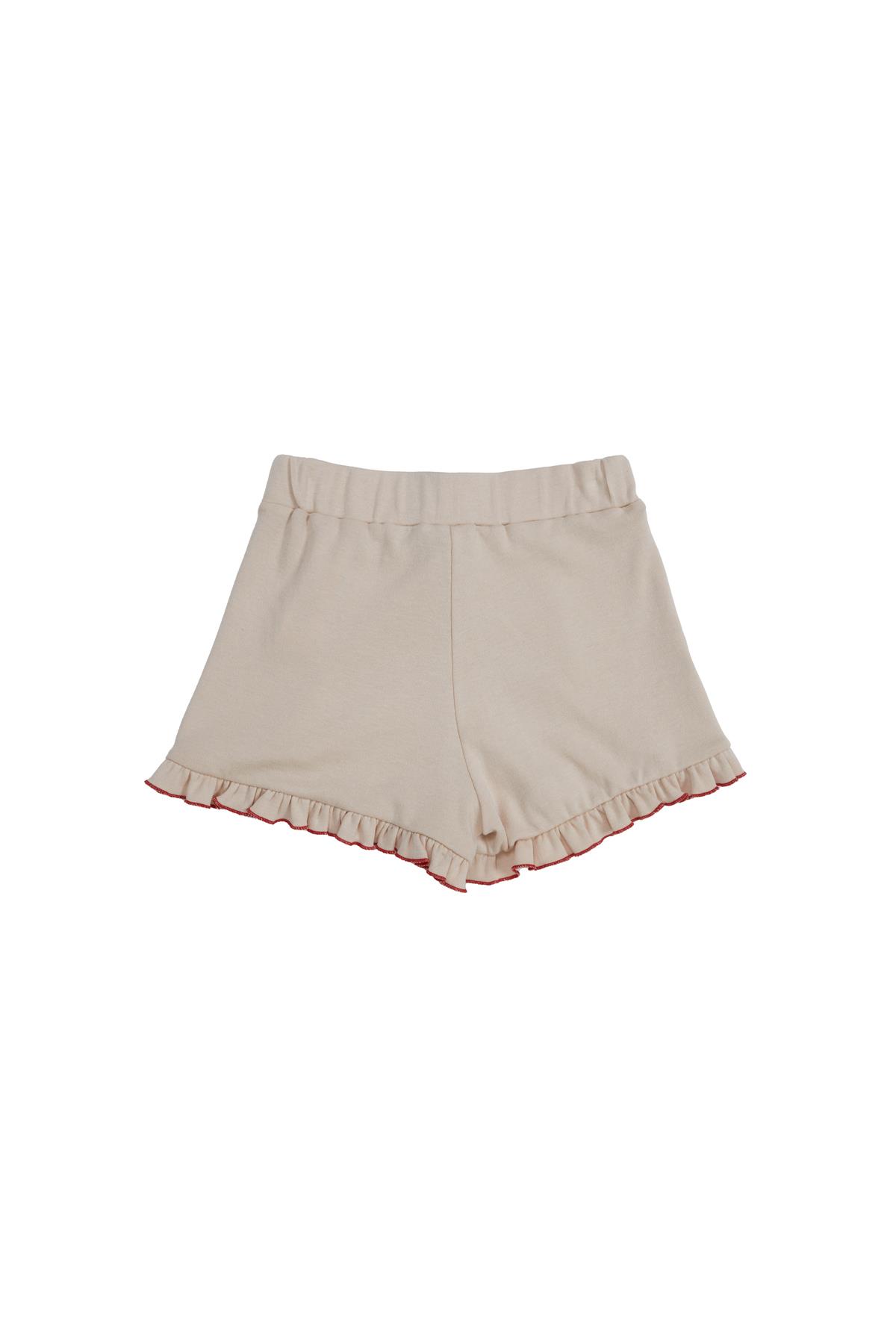 Beige Shorts With Red Crab Embroidery And Frilled Hem