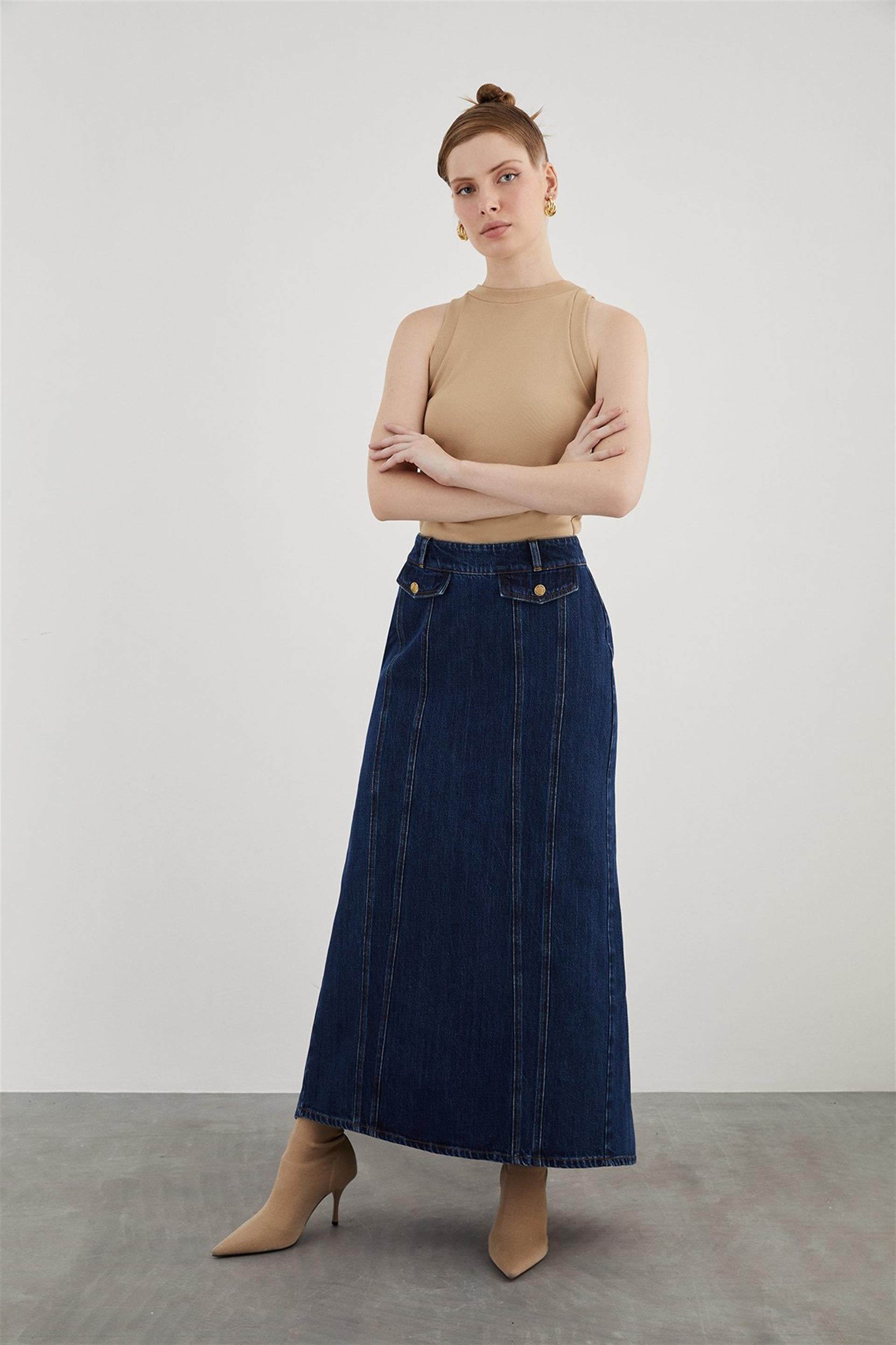 Front Zippered Pocket Flap Covered Contrast Stitch Detail A-Line Denim Long Skirt