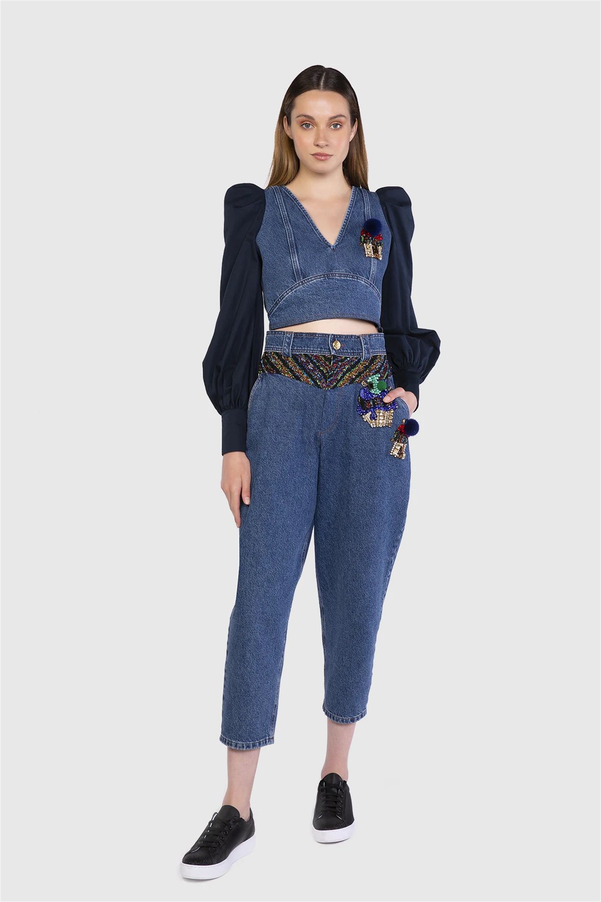 Garni Kumaş Detaylı Mavi Slouchy Jean Pantolon