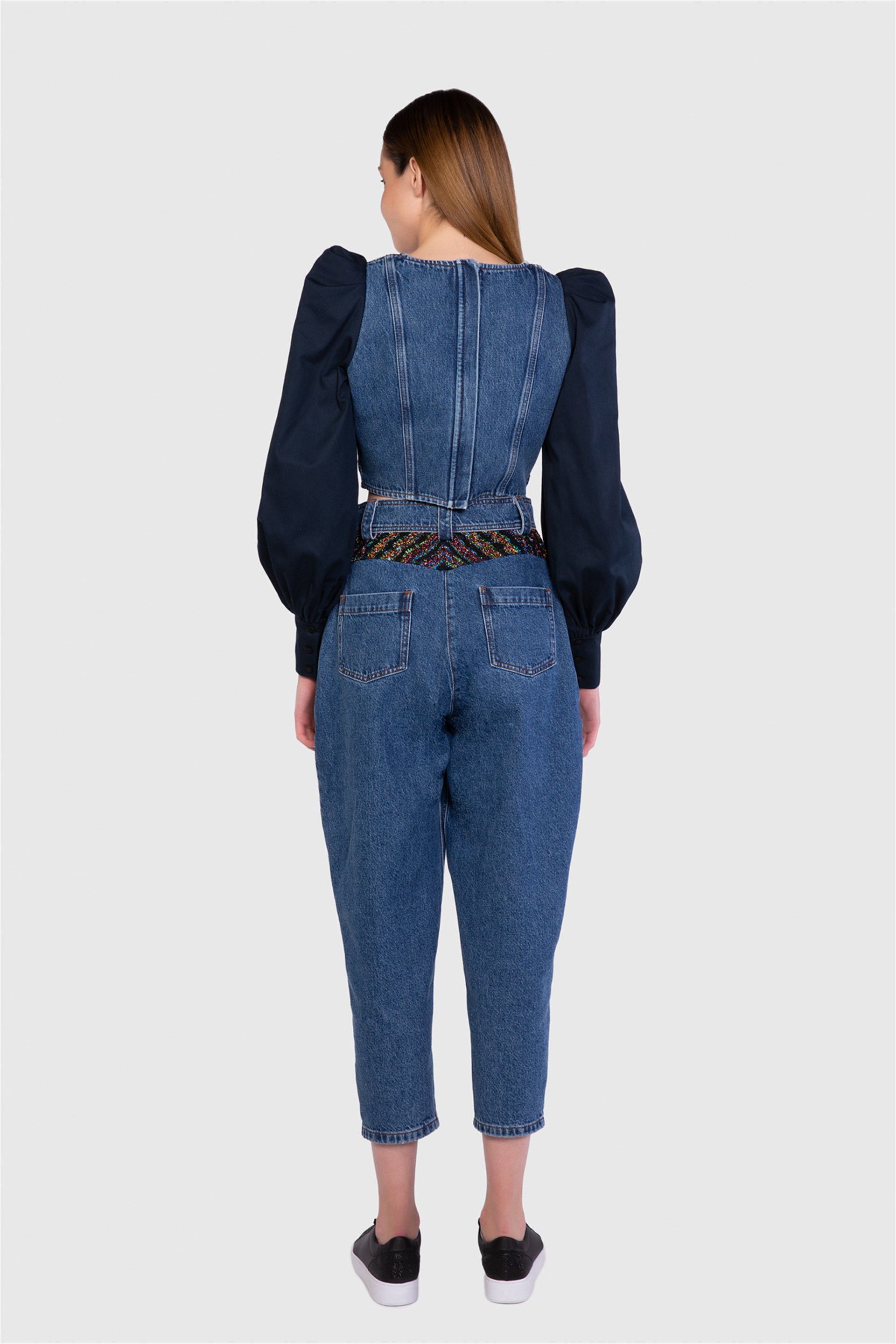 Garni Kumaş Detaylı Mavi Slouchy Jean Pantolon