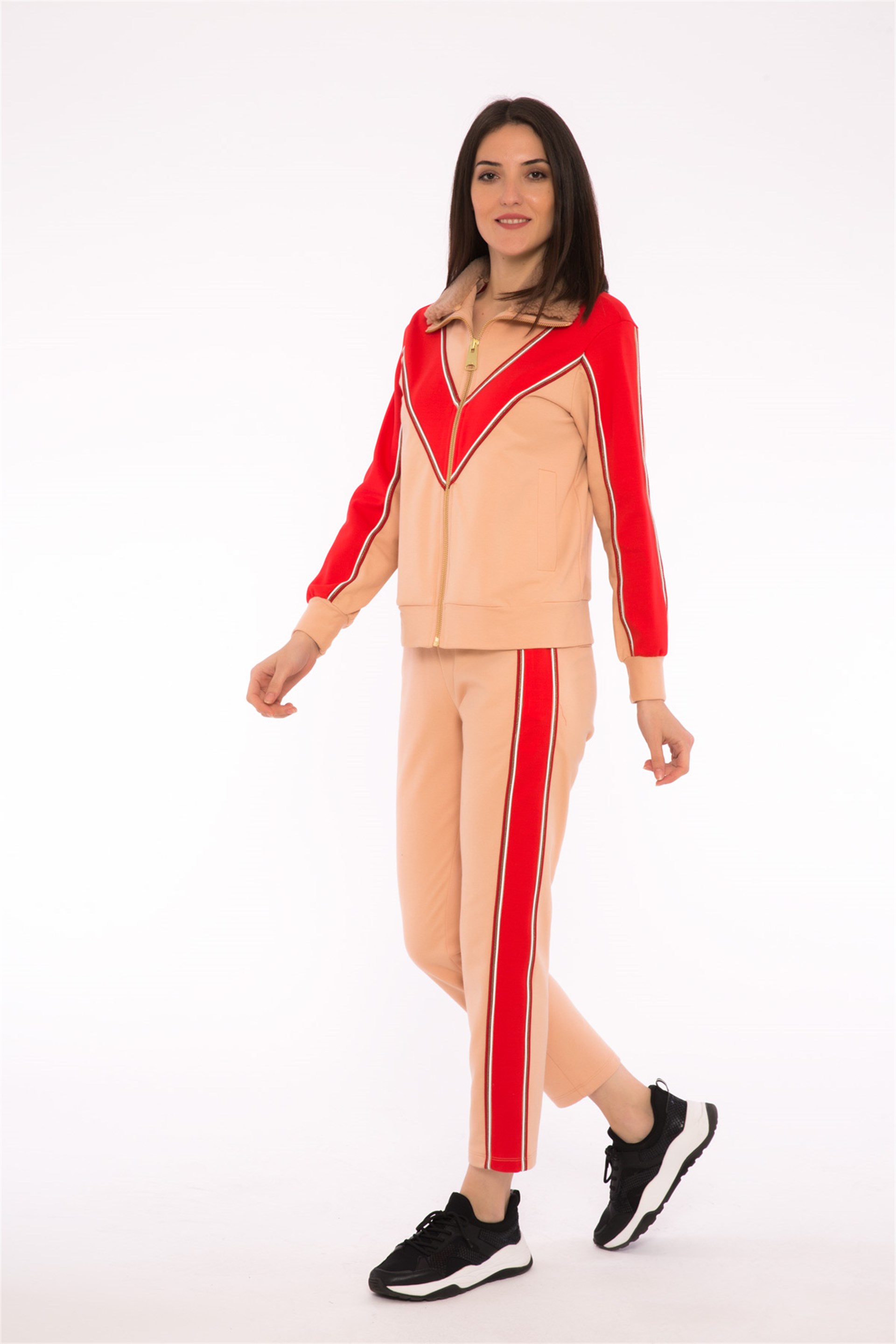 Garnili Kuplu Önü Fermuarlı Pembe Rengi Sweatshirt