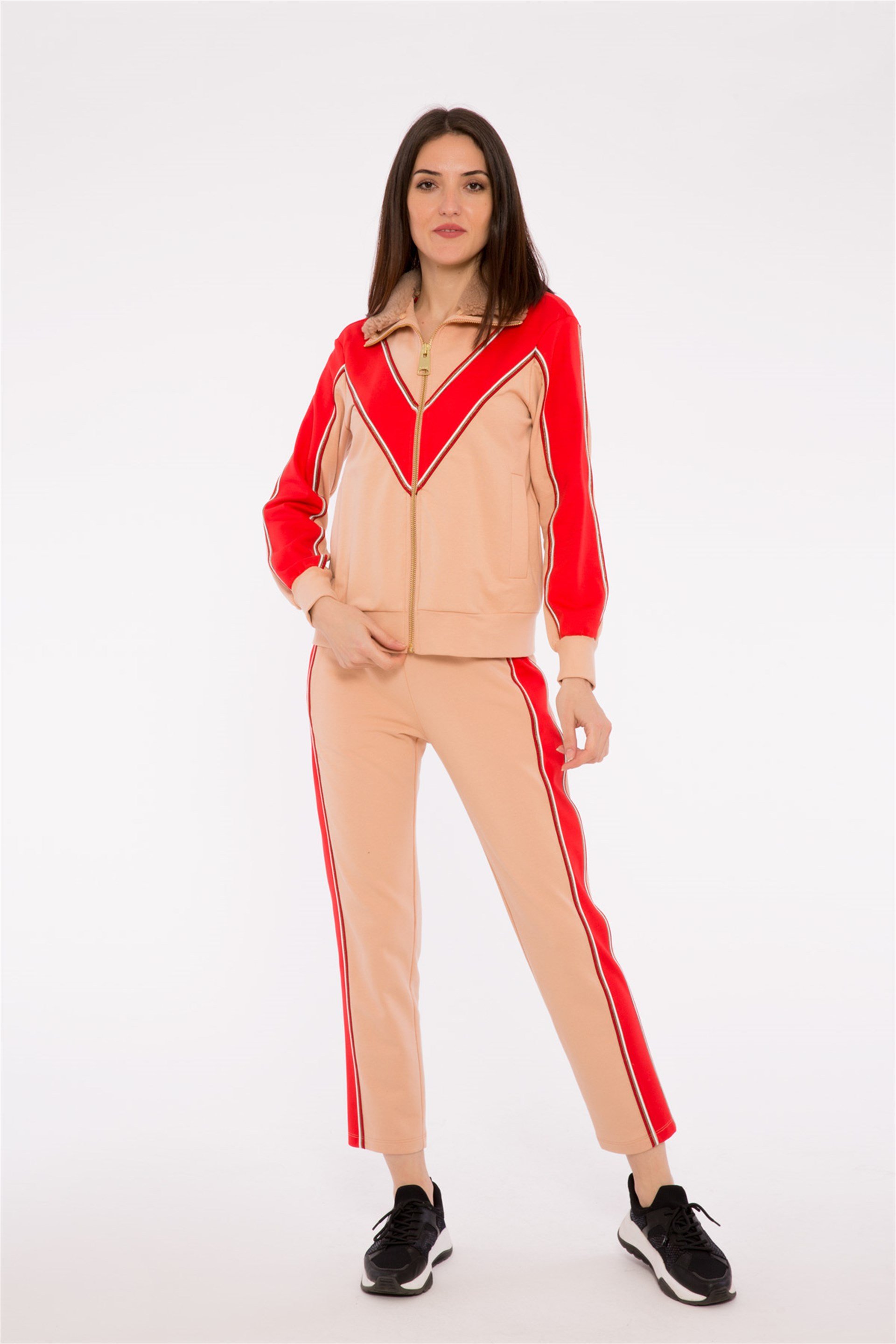 Garnili Kuplu Önü Fermuarlı Pembe Rengi Sweatshirt